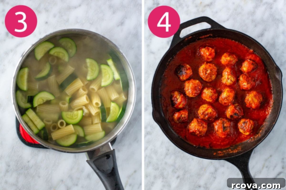 Cheesy Chicken Parmesan Meatballs 6 Steps 3 and 4 for making chicken parmesan meatballs: Cooking pasta and adding sauce to the skillet with meatballs.