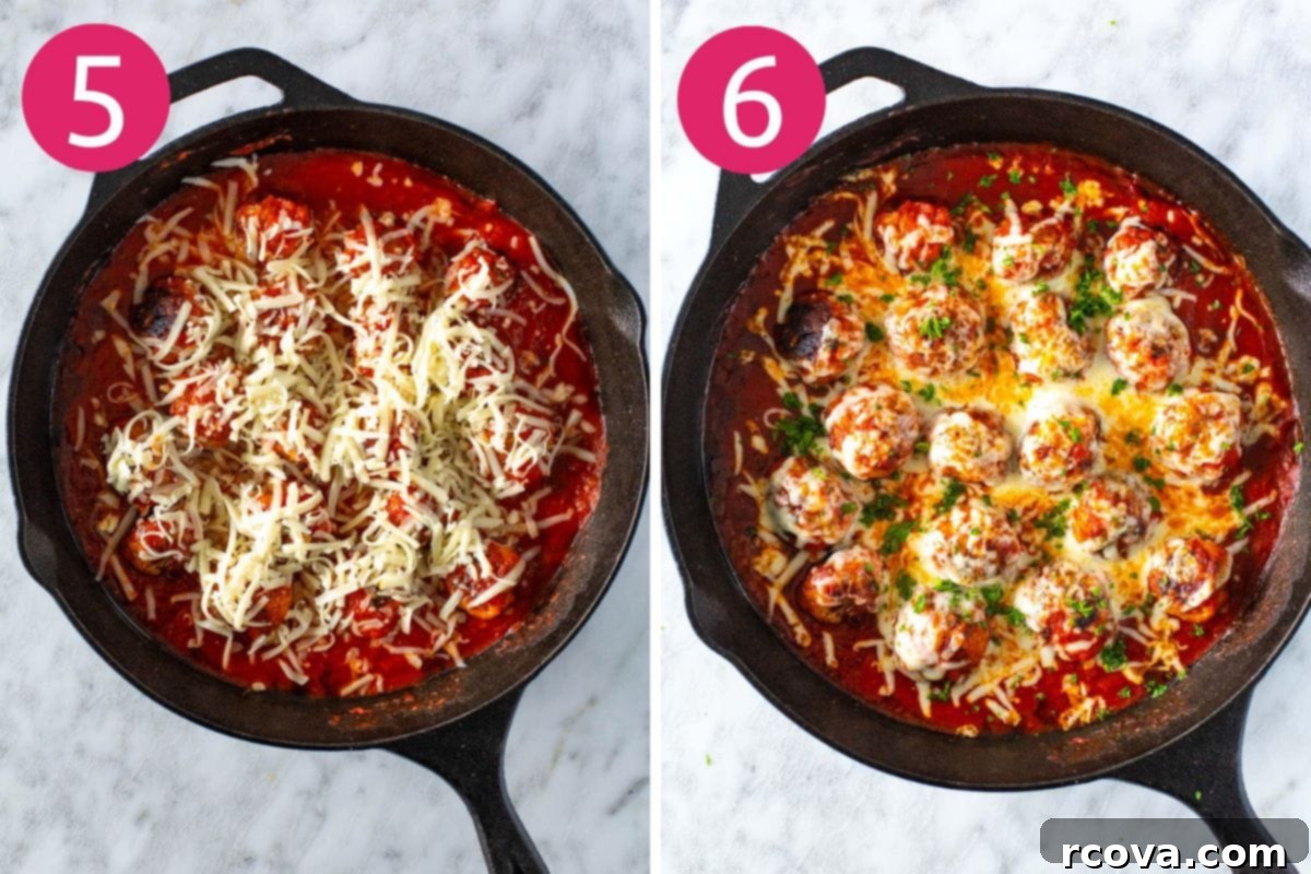 Cheesy Chicken Parmesan Meatballs 7 Steps 5 and 6 for making chicken parmesan meatballs: Topping with cheese and garnishing for serving.