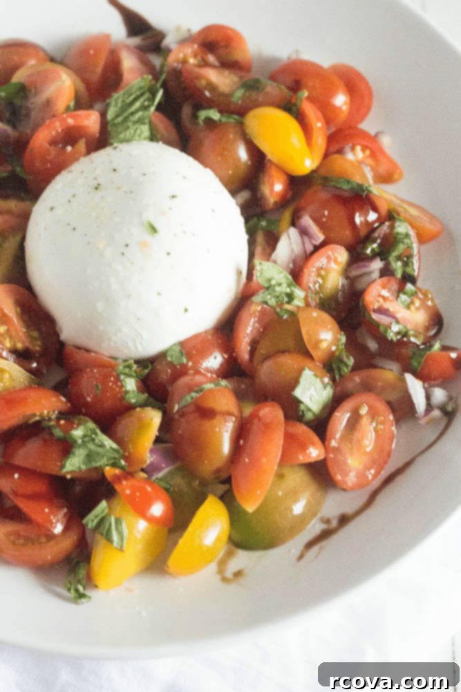 Creamy Burrata Caprese 2 Close-up of a Burrata Caprese Salad with red onion, tomatoes, and basil