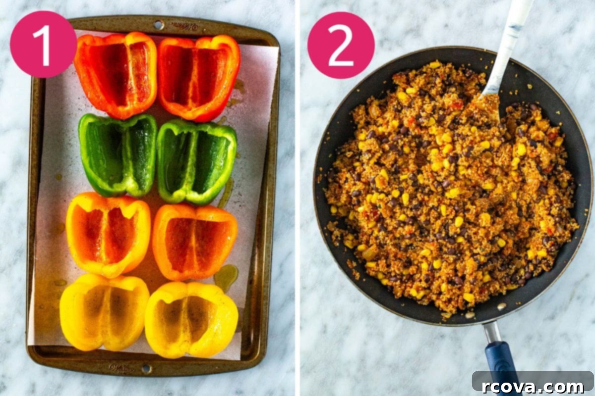 Garden Stuffed Bell Peppers 5 Steps 1 and 2 for vegetarian stuffed peppers