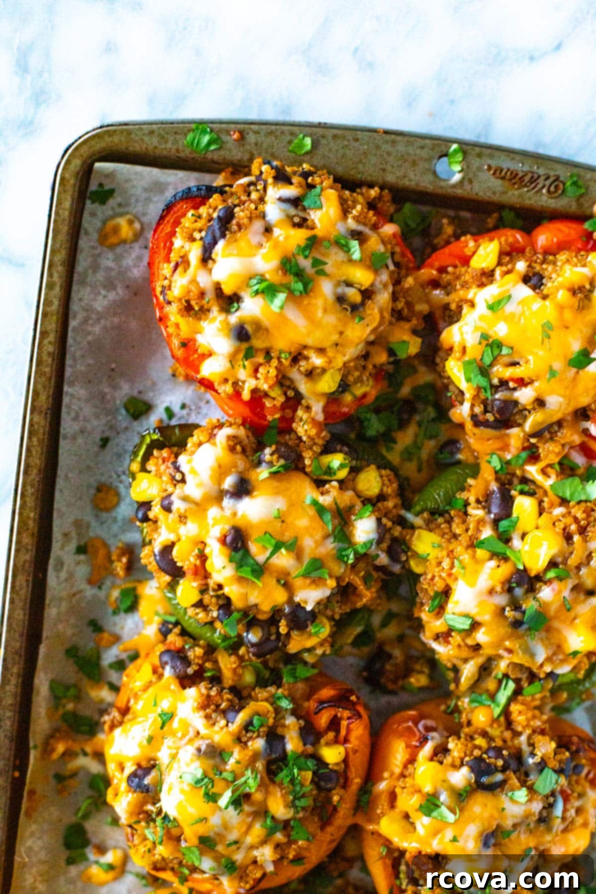 Garden Stuffed Bell Peppers 8 Close-up of vegetarian stuffed peppers on a sheet pan