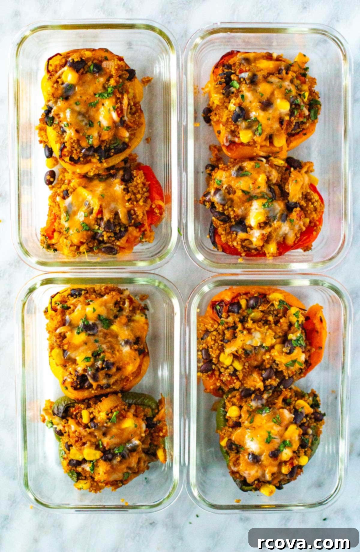 Garden Stuffed Bell Peppers 9 Vegetarian stuffed peppers in glass meal prep bowls