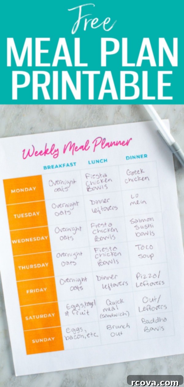 Free Printable Weekly Meal Planner 6 Take the stress out of meal planning with our free weekly meal planning template. Never wonder what's for dinner again with this download! #mealplan #printable