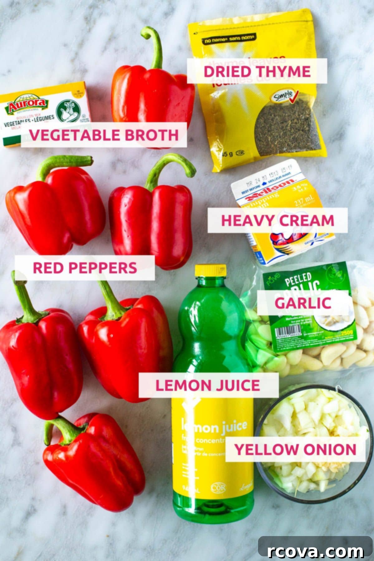 Smoky Red Pepper Bisque 4 Ingredients for roasted red pepper soup: vegetable broth, thyme, red peppers, heavy cream, garlic, lemon juice and yellow onion