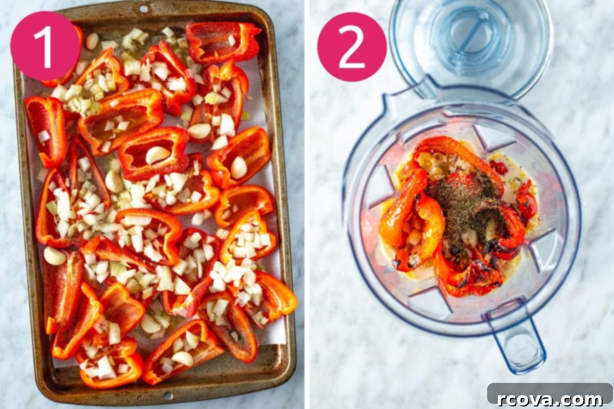 Smoky Red Pepper Bisque 5 Steps 1 and 2 for making roasted red pepper soup