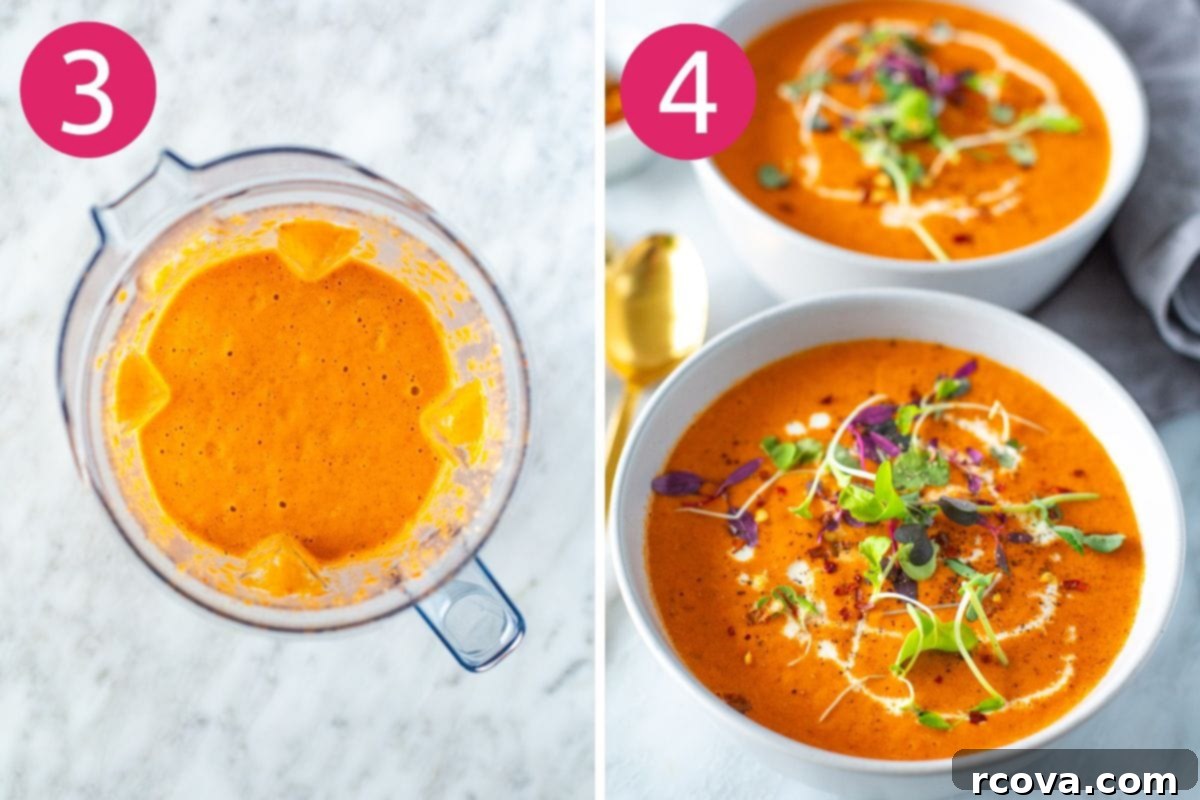 Smoky Red Pepper Bisque 6 Steps 3 and 4 for making roasted red pepper soup
