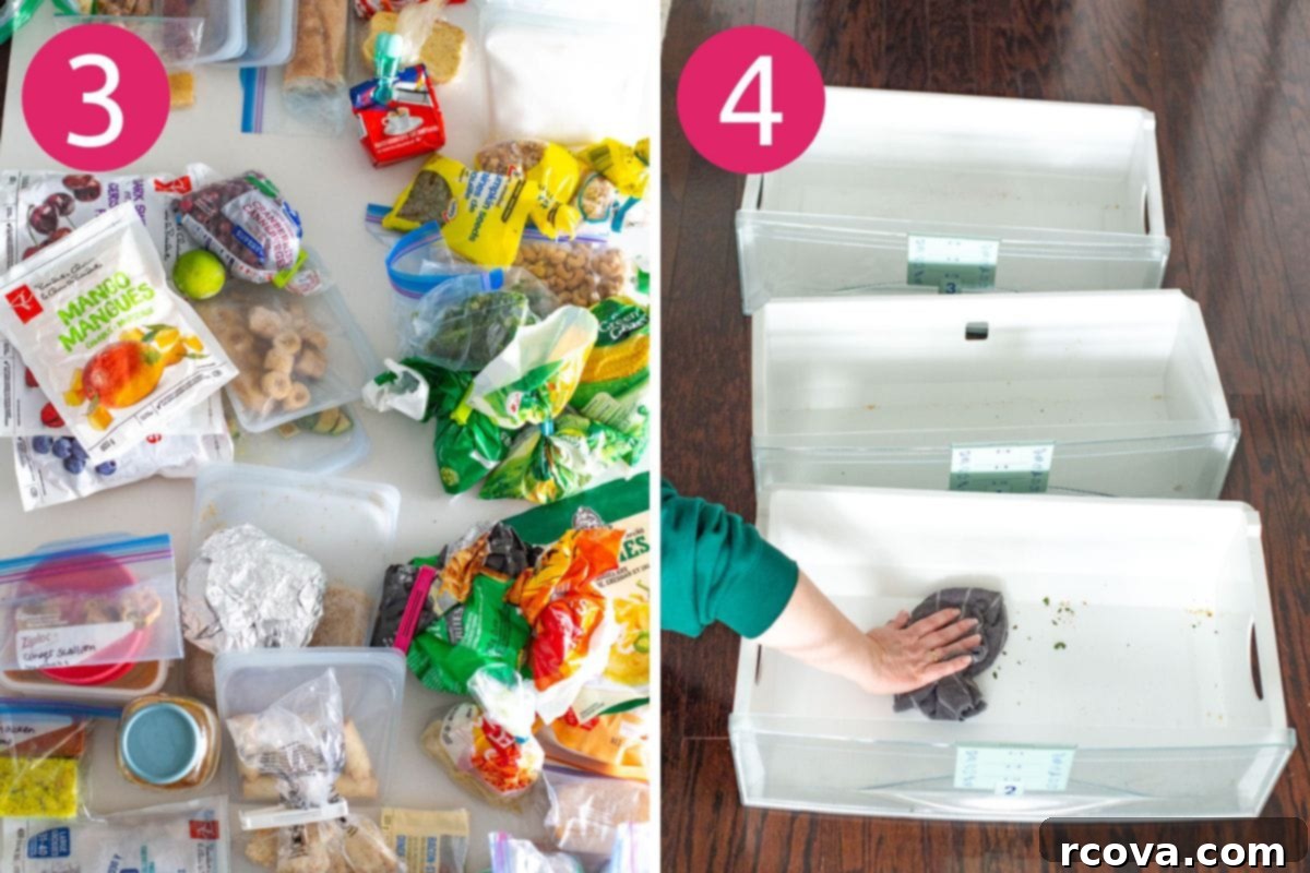 Dondurucuyu Düzenlemenin 6 Kolay Yolu 5 Steps 3 and 4 for organizing your freezer: grouping similar items together and cleaning out freezer drawers or shelves.