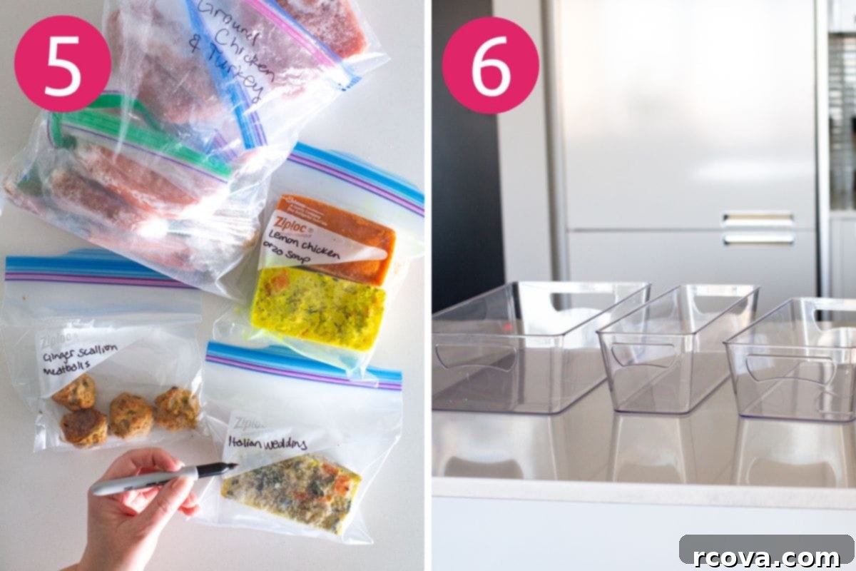 Dondurucuyu Düzenlemenin 6 Kolay Yolu 6 Steps 5 and 6 for organizing your freezer: labeling and dating items, and utilizing storage bins and containers.