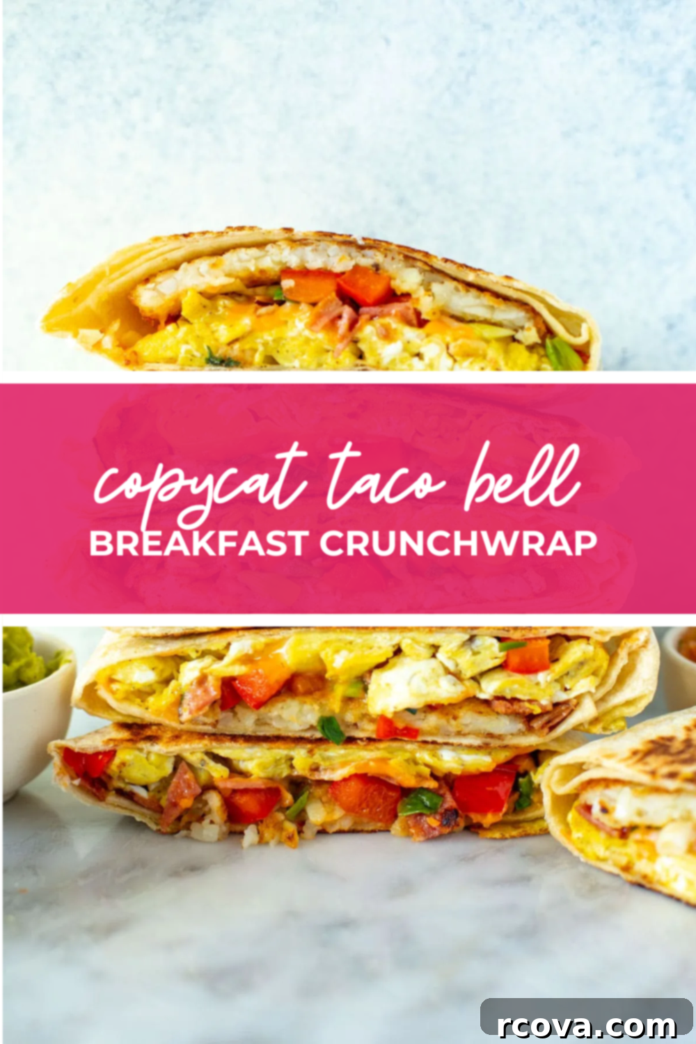 Mastering the Taco Bell Breakfast Crunchwrap at Home 11 Overhead shot of plated dish with pink banner in the middle - reading "copycat taco bell breakfast crunchwrap"