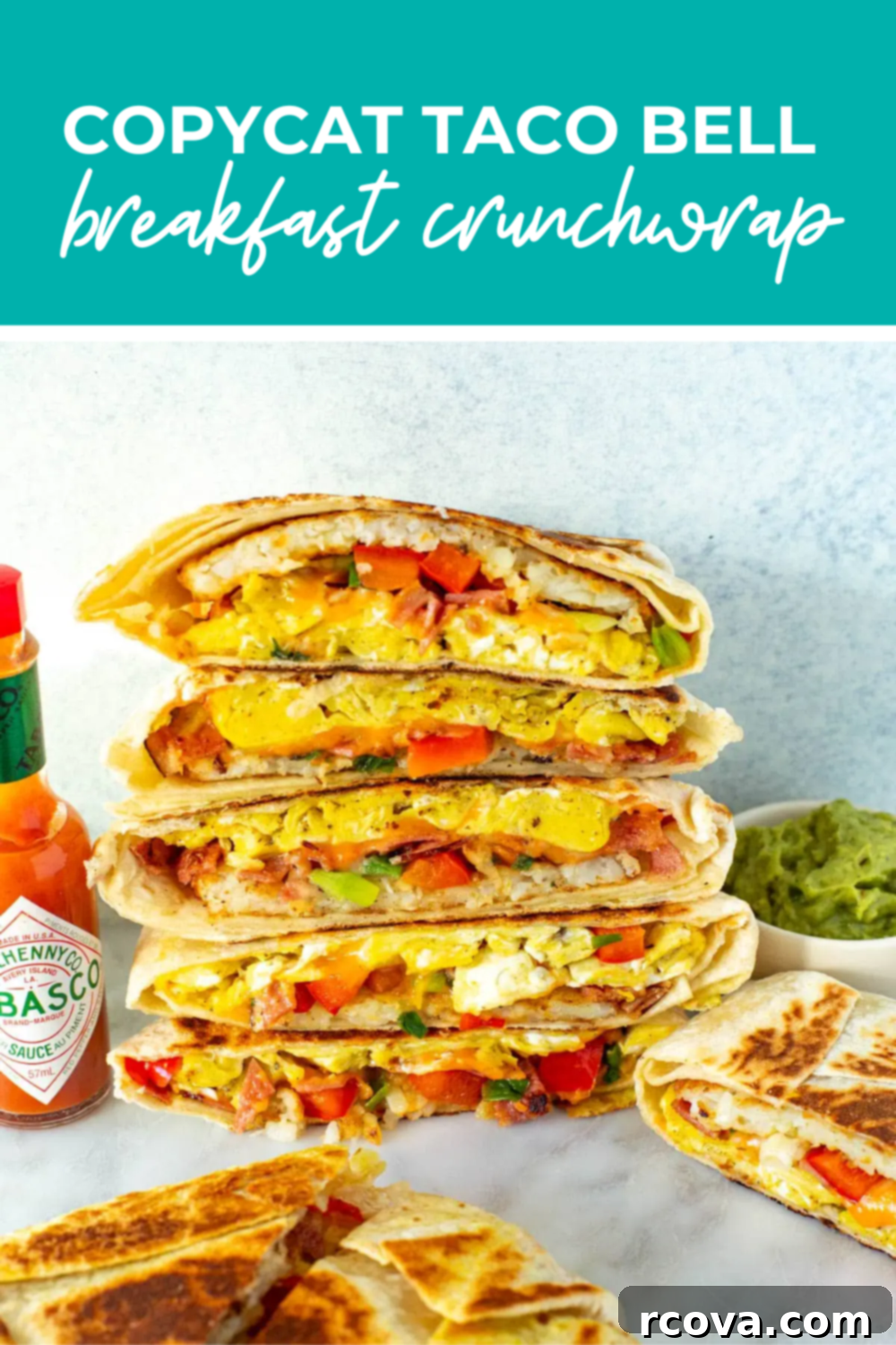 Mastering the Taco Bell Breakfast Crunchwrap at Home 12 Overhead shot of plated dish with green banner on the top - reading "copycat taco bell breakfast crunchwrap"