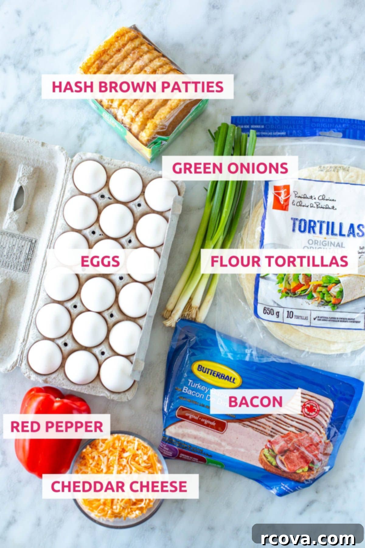 Mastering the Taco Bell Breakfast Crunchwrap at Home 4 Ingredients for breakfast crunchwrap: hash brown patties, green onions, eggs, flour tortillas, red pepper, bacon and cheddar cheese