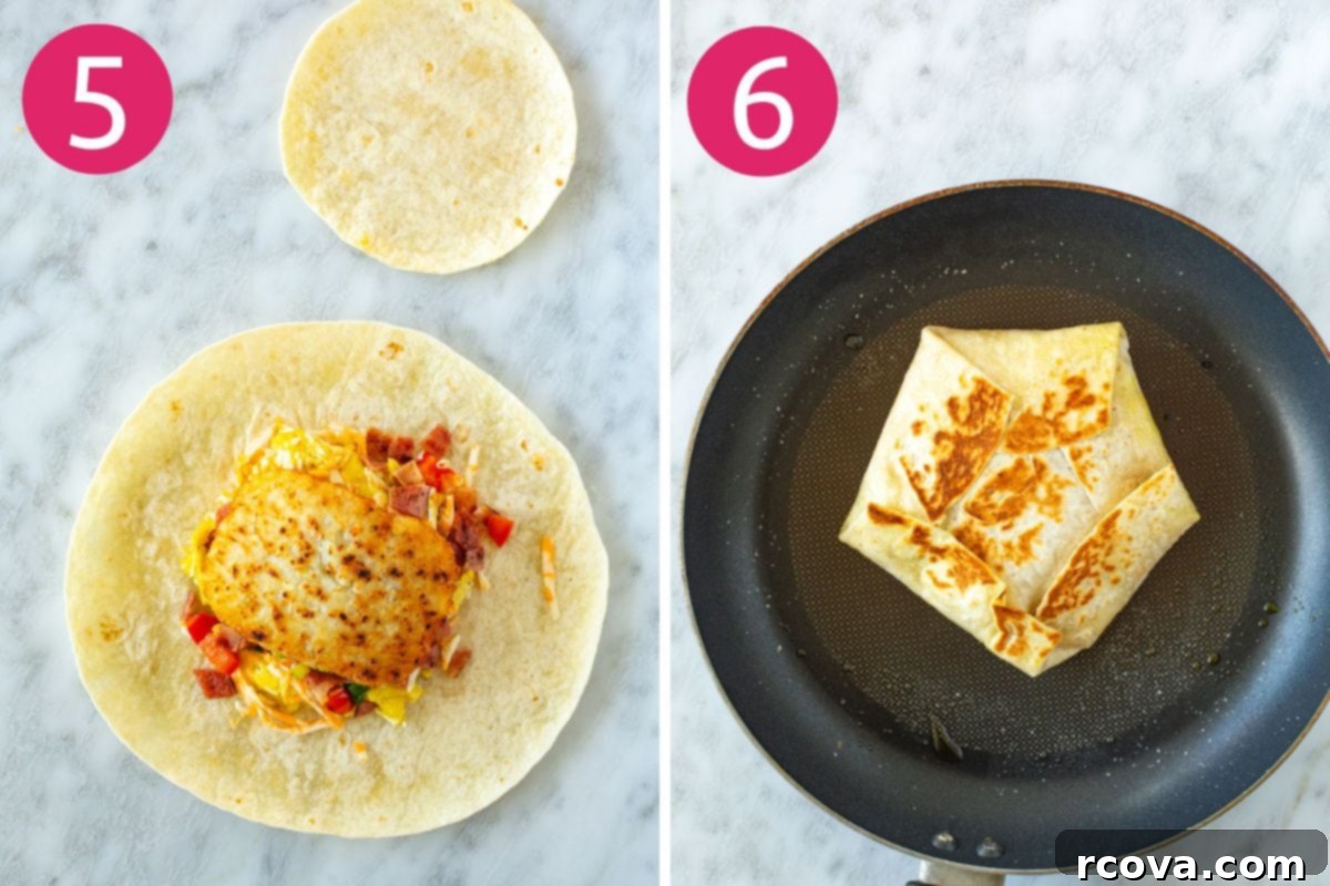 Mastering the Taco Bell Breakfast Crunchwrap at Home 7 Steps 5 and 6 for making a breakfast crunchwrap