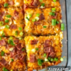 Crunchy Morning Casserole 11 A tater tot breakfast casserole in a clear dish.