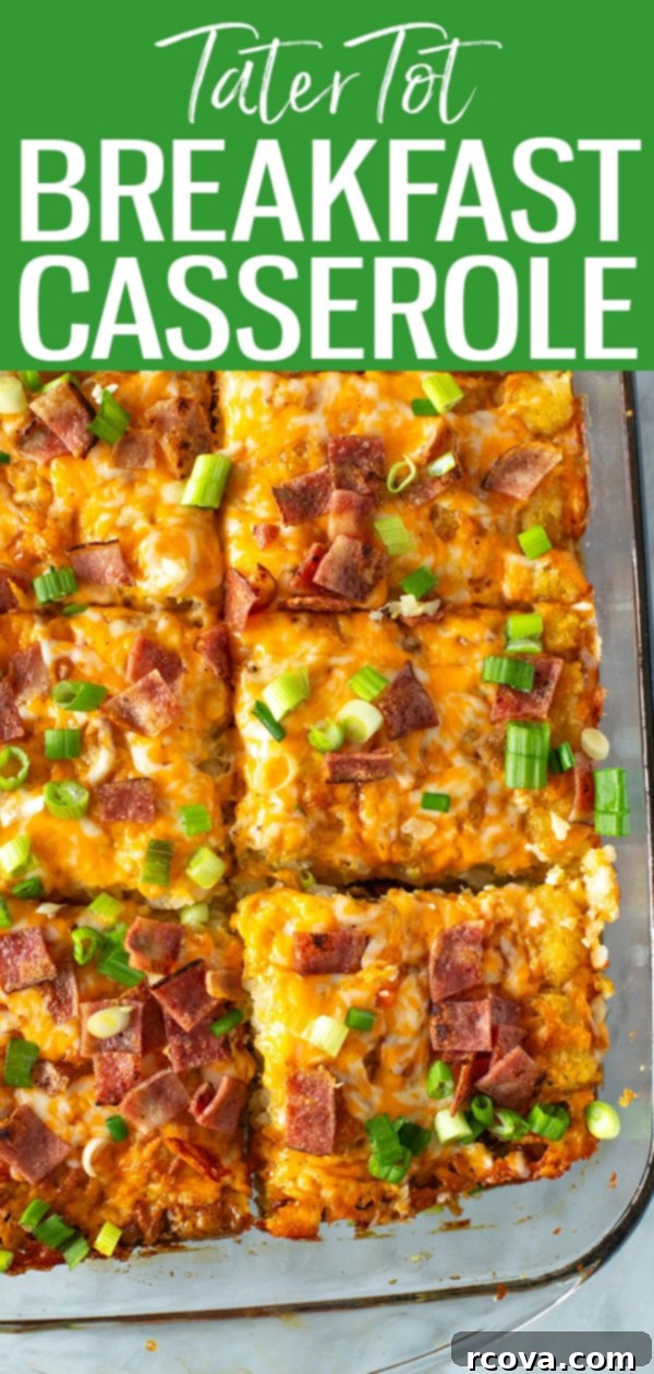 Crunchy Morning Casserole 12 This Tater Tot Breakfast Casserole is the perfect make-ahead breakfast with bacon, eggs and cheddar cheese. It's great for a crowd! #tatertot #breakfastcasserole