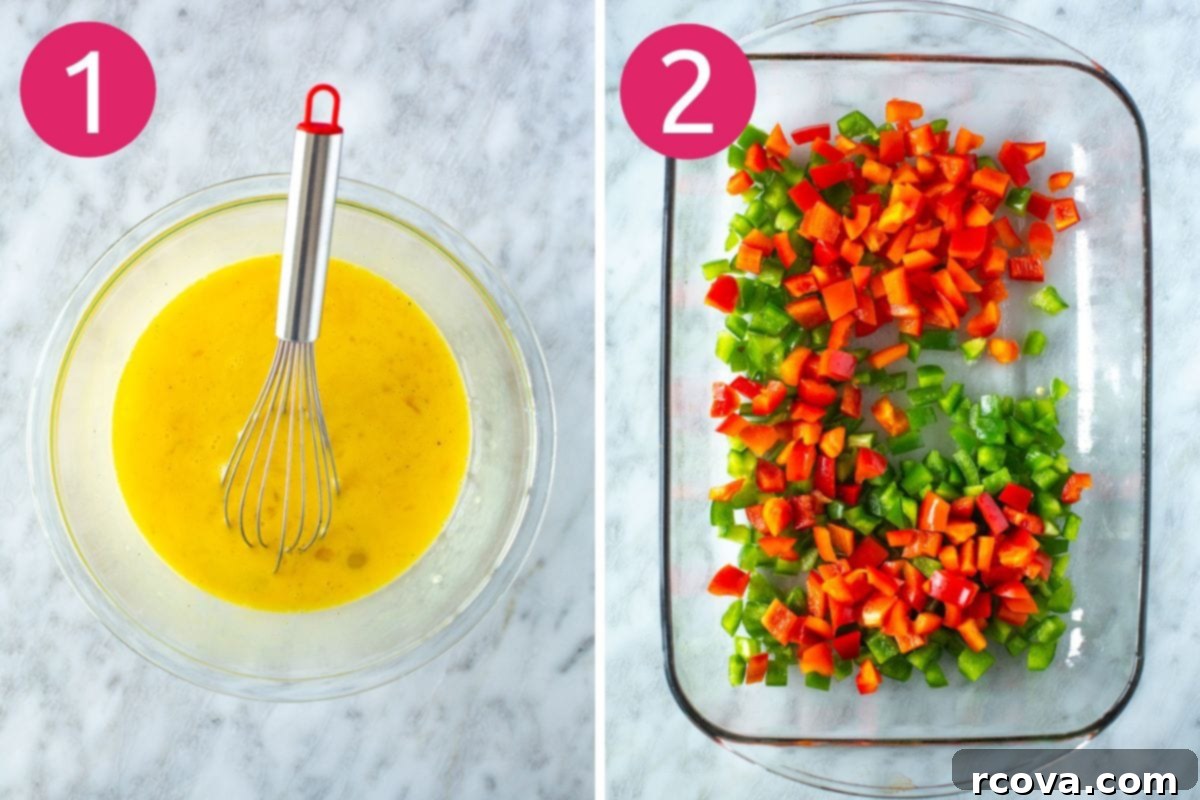 Crunchy Morning Casserole 5 Steps 1 and 2 for preparing Tater Tot Breakfast Casserole: eggs being whisked in a bowl and diced peppers added to a greased baking dish.