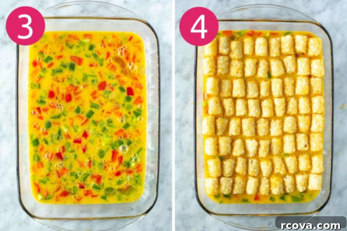 Crunchy Morning Casserole 6 Steps 3 and 4 for making Tater Tot Breakfast Casserole: pouring egg mixture over peppers and layering frozen tater tots on top.