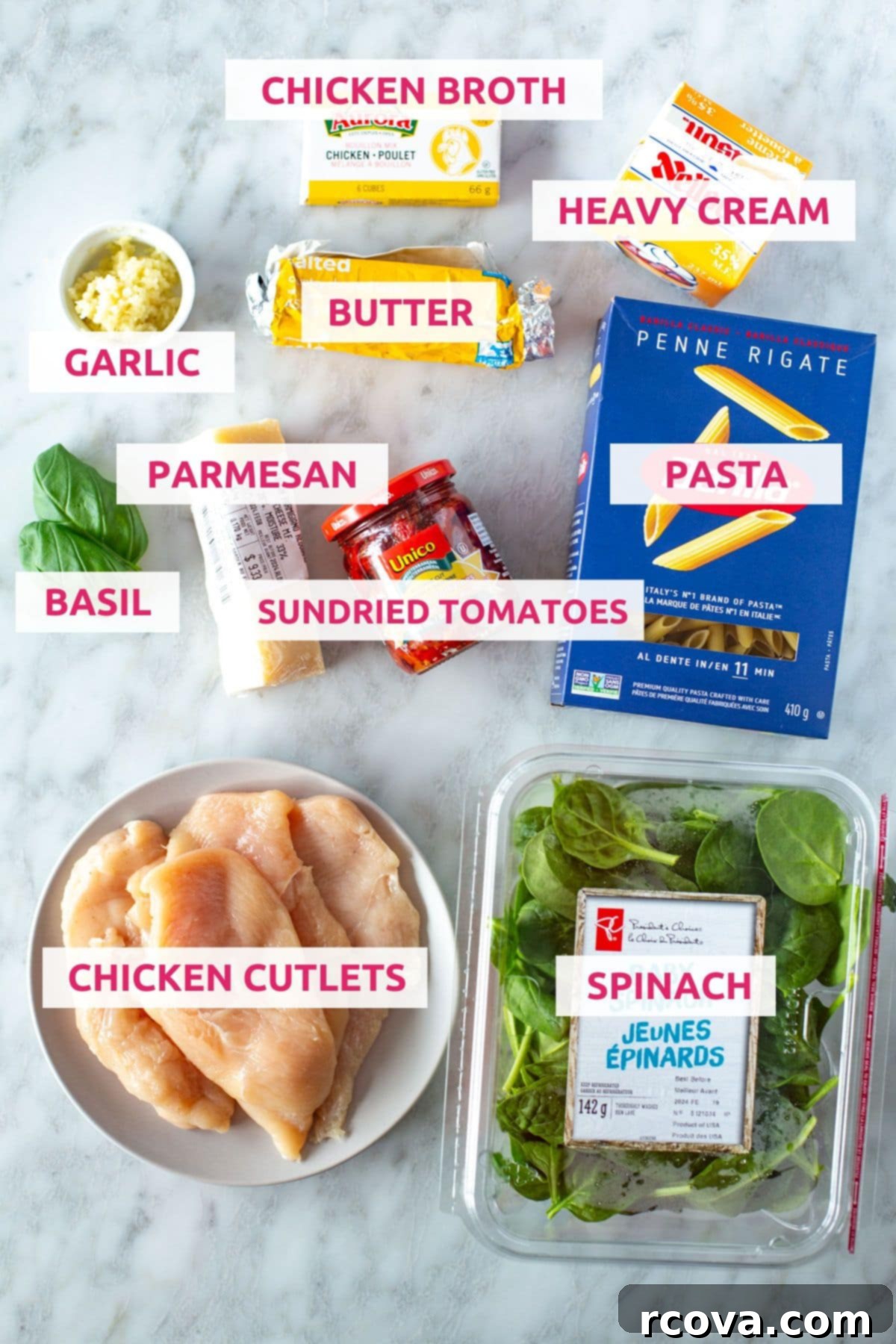 Luxurious Marry Me Chicken 4 Ingredients for marry me chicken: chicken broth, garlic, butter, heavy cream, parmesan, basil, sundried tomatoes, pasta, chicken cutlets and spinach laid out on a table.