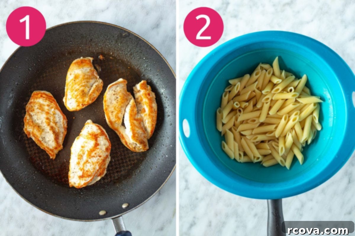 Luxurious Marry Me Chicken 5 Steps 1 and 2 for making marry me chicken: searing chicken in a skillet and cooking pasta in a pot.