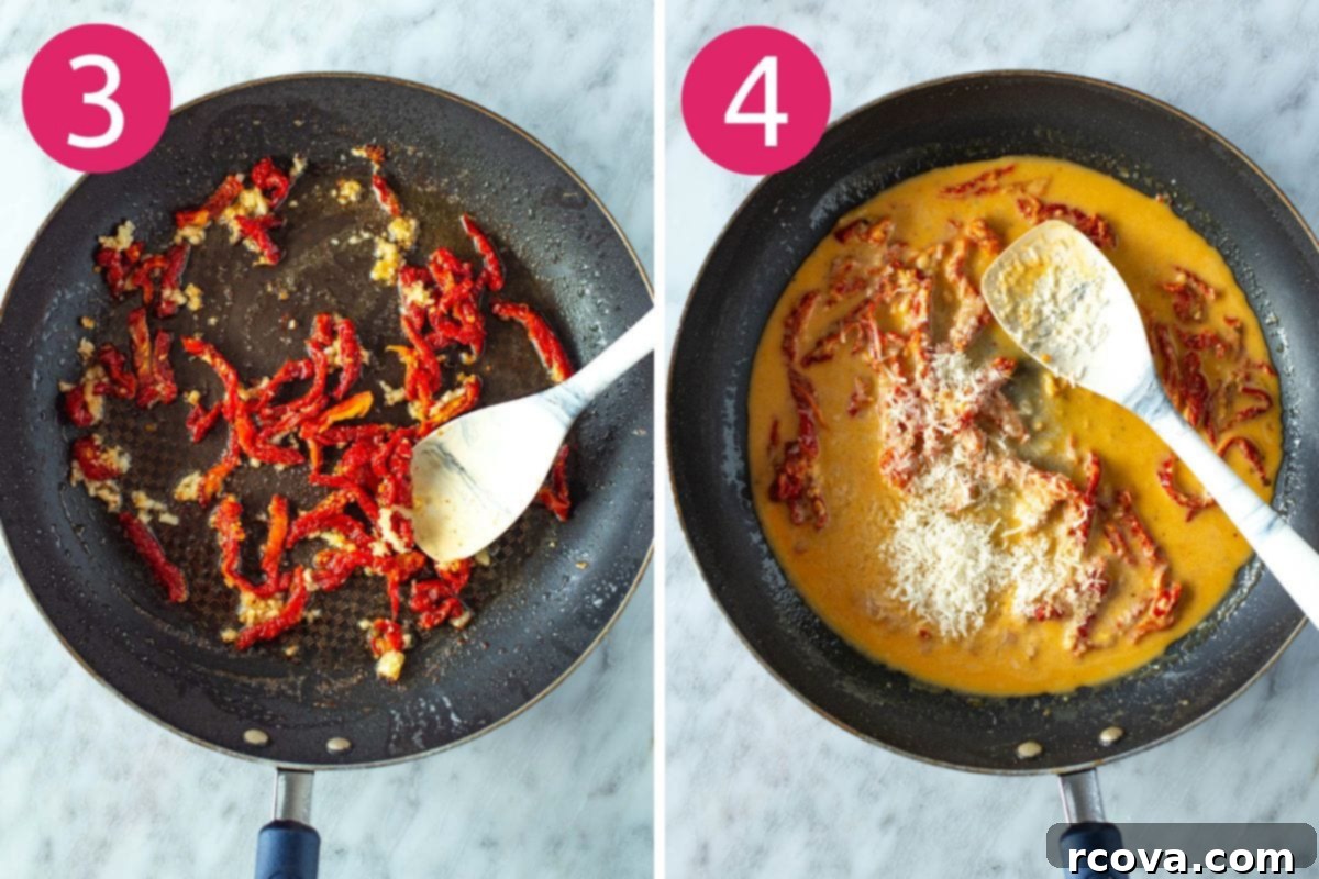 Luxurious Marry Me Chicken 6 Steps 3 and 4 for making marry me chicken: sautéing garlic and sundried tomatoes, then making the creamy sauce.