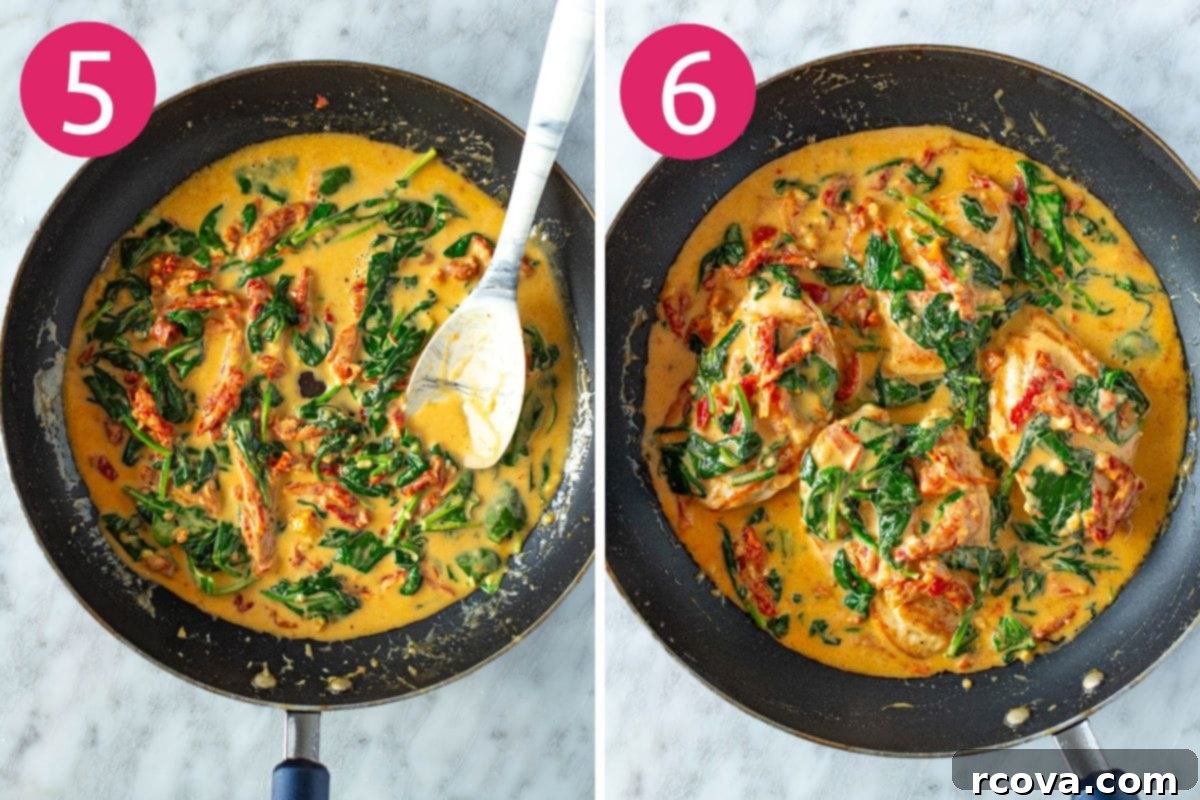 Luxurious Marry Me Chicken 7 Steps 5 and 6 for making marry me chicken: stirring in spinach and serving the finished dish with chicken and pasta.