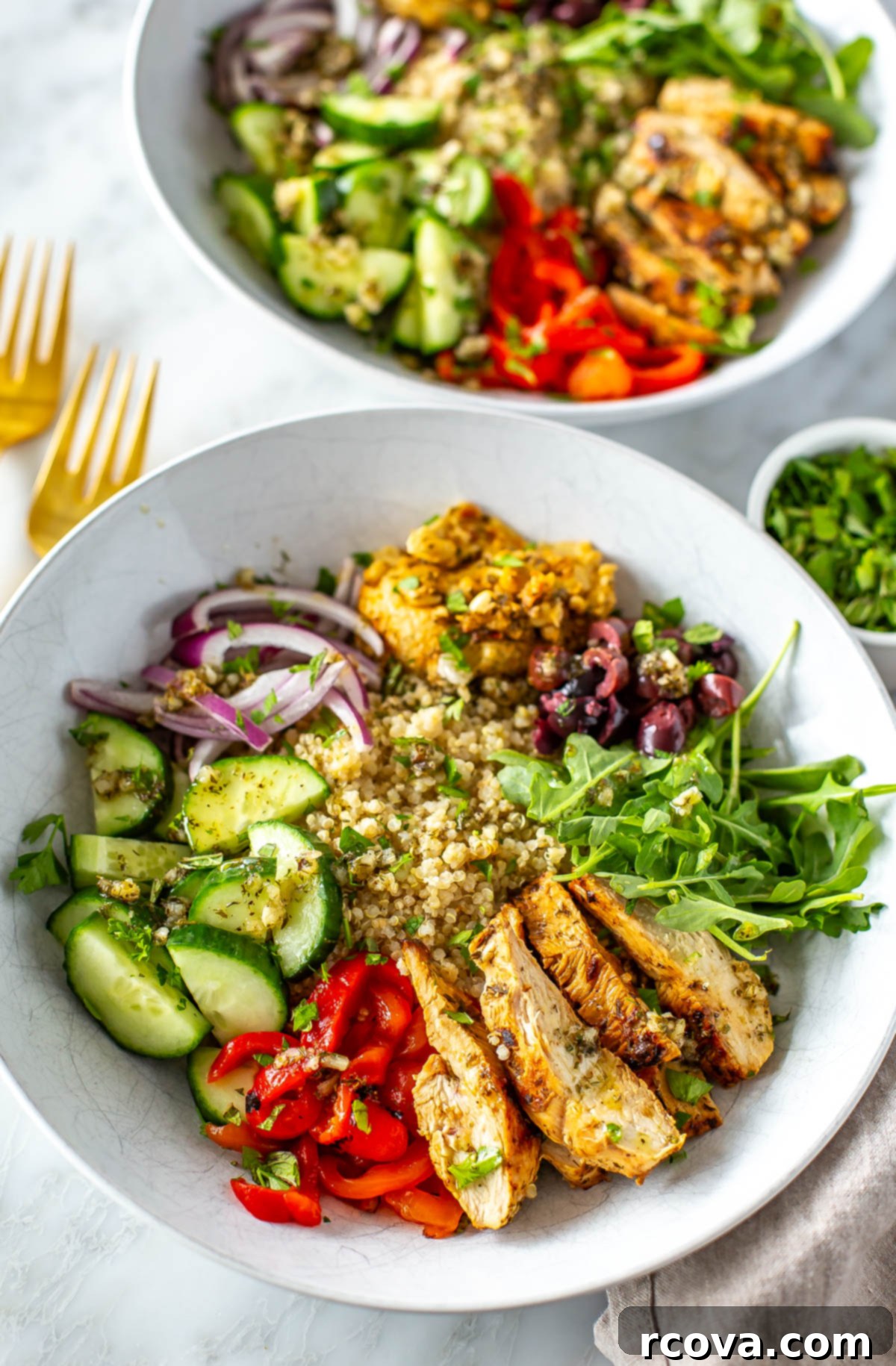 Meal Prep Mastery: The Art of Perfect Portions 4 A close-up of a vibrant Mediterranean bowl, showcasing perfectly portioned ingredients.
