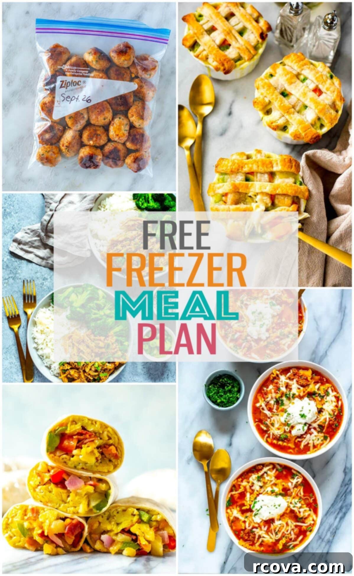 5 Simple Recipes to Start Your Freezer Meal Prep 2 A collage of 5 freezer meals with the text "Free Freezer Meal Plan" layered on top.