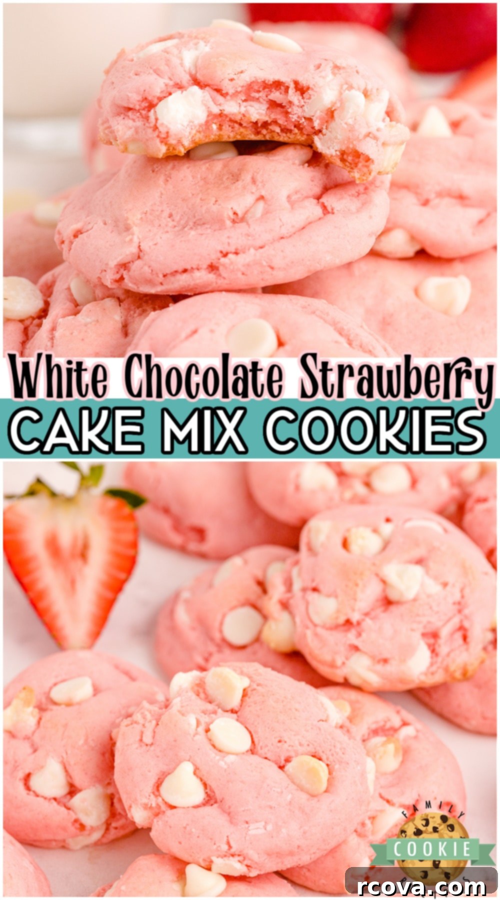 White Chocolate Strawberry Cake Batter Delights 11 White Chocolate Strawberry Cake Mix Cookies are soft & chewy cookies that need just 4 ingredients! Lovely pink Strawberry Cake Mix cookie recipe that needs a cake mix, 2 eggs, oil and white chocolate chips! A stack of cookies with fresh strawberries.