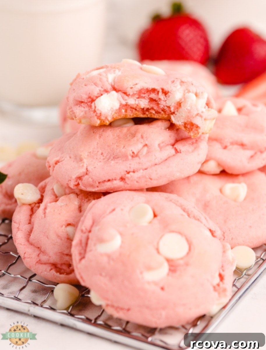 White Chocolate Strawberry Cake Batter Delights 3 Close-up of WHITE CHOCOLATE Strawberry Cake Mix Cookies showing their soft texture