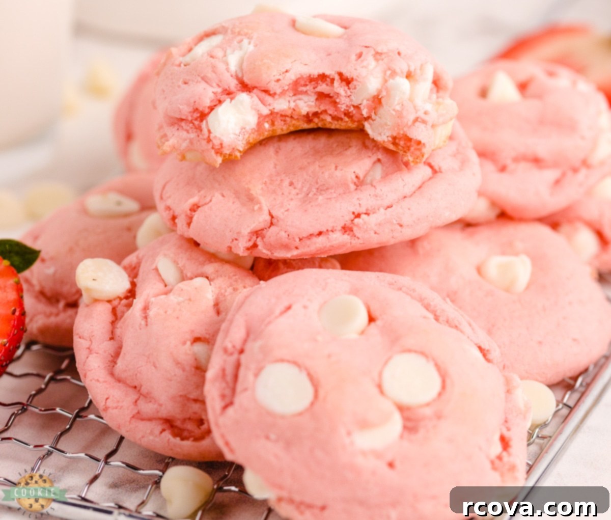 White Chocolate Strawberry Cake Batter Delights 8 Various White Chocolate Strawberry Cake Mix Cookies on a wire rack, some with extra chocolate chips