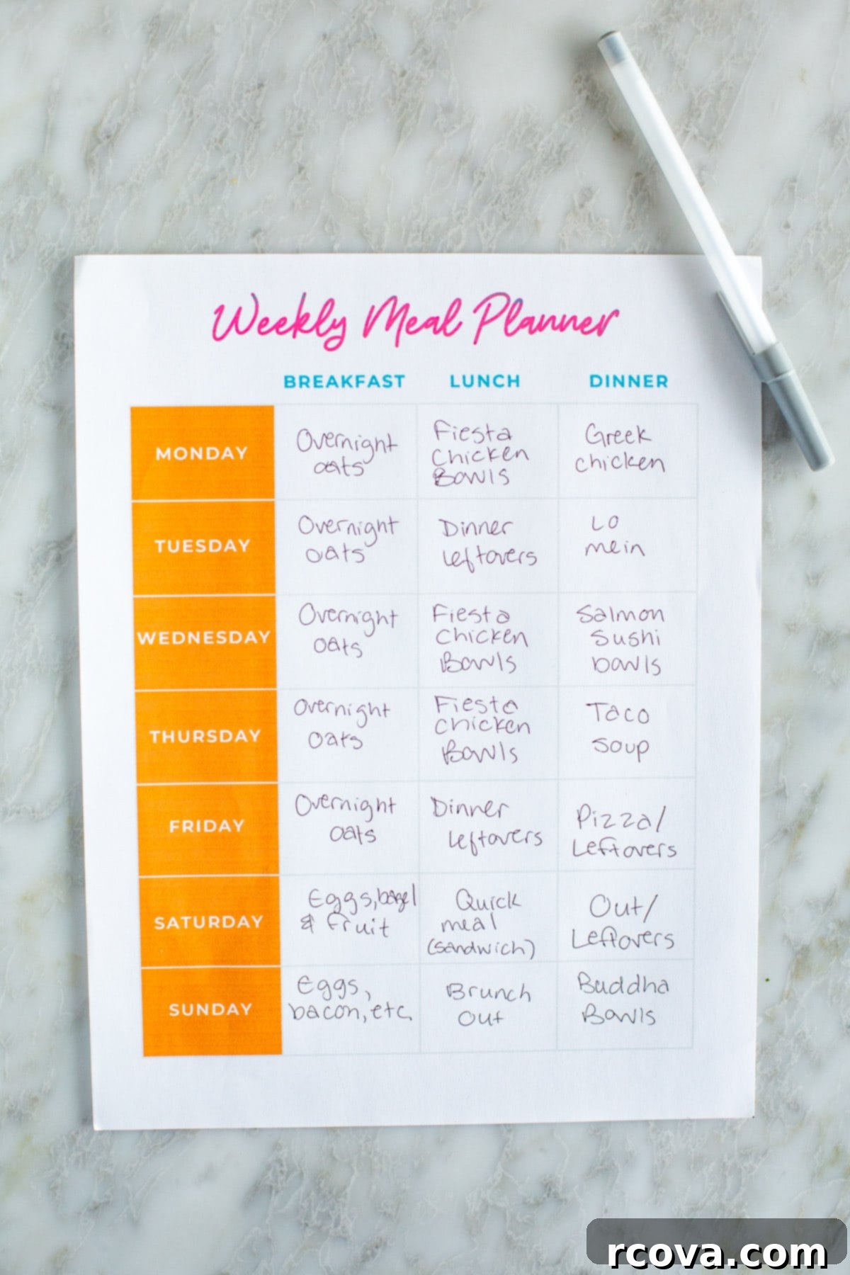 Smart Meal Prep for Busy Families 4 A filled out meal planner template.