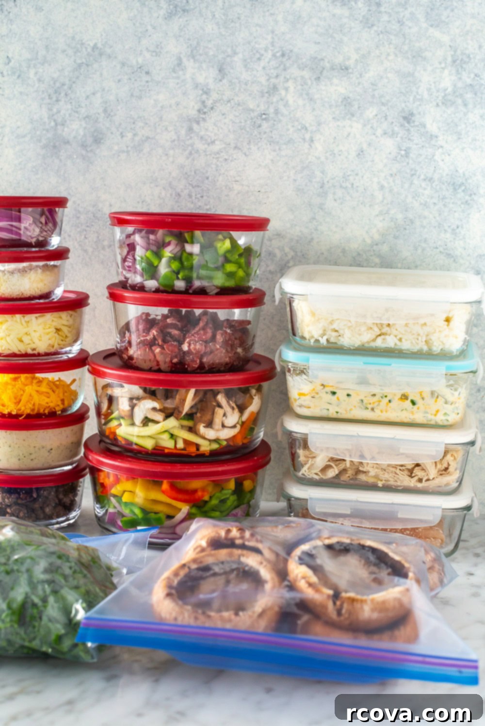 Smart Meal Prep for Busy Families 5 Several prepped ingredients in glass containers and Ziploc bags.