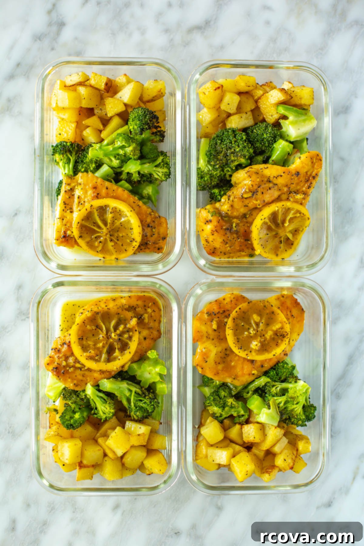 Smart Meal Prep for Busy Families 6 Four meal prep containers, each with lemon pepper chicken, roasted potatoes and roasted broccoli.