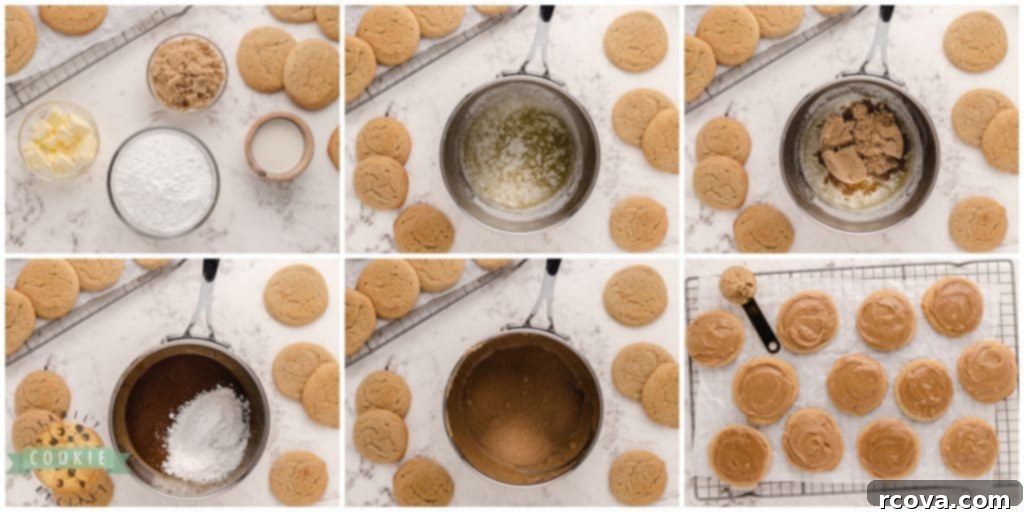Decadent Frosted Brown Sugar Treats 5 Detailed image showing how to make the brown sugar frosting for cookies, with melted butter and sugar in a saucepan.