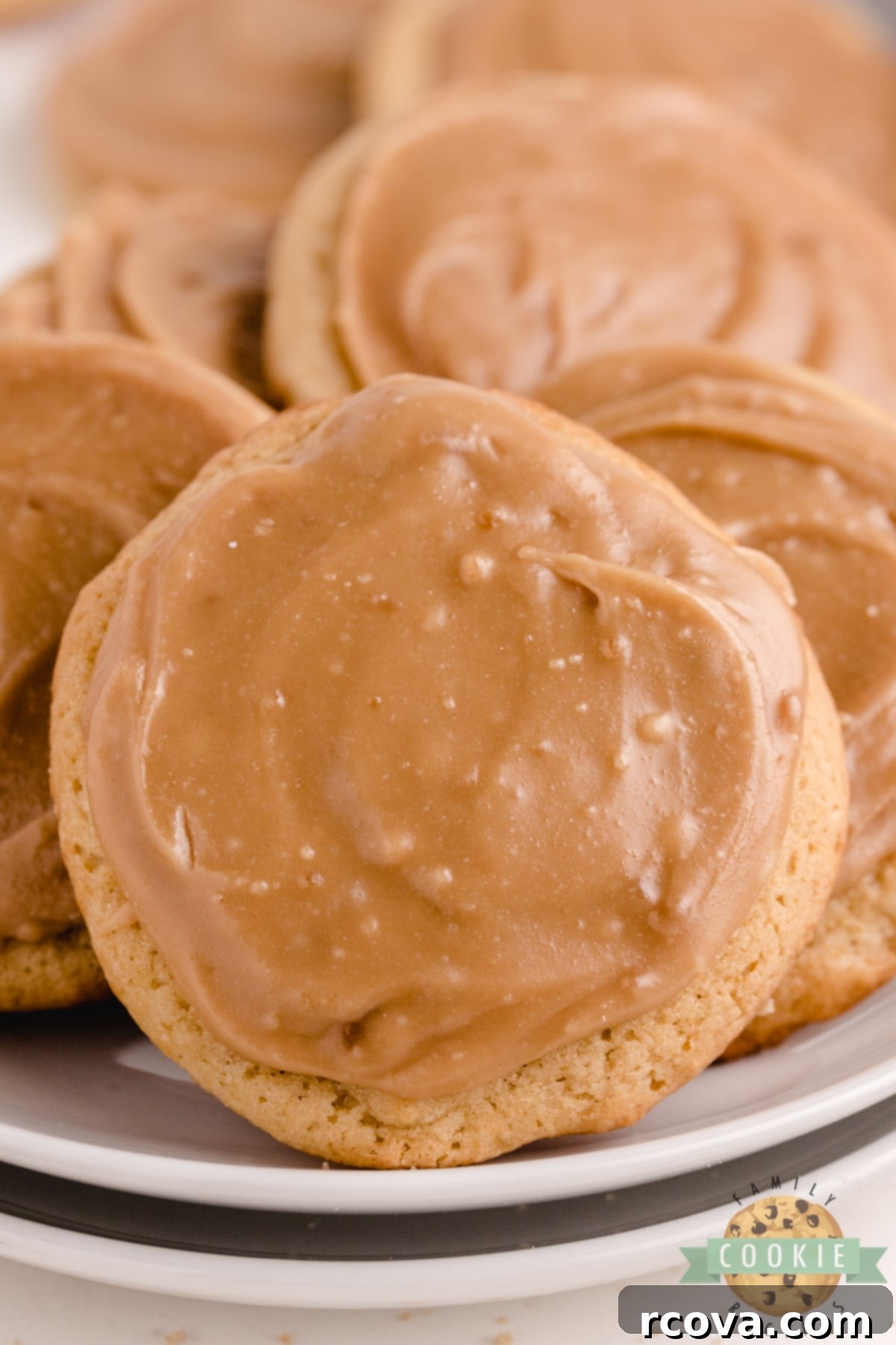 Decadent Frosted Brown Sugar Treats 8 A close-up of a stack of Frosted Brown Sugar Cookies, emphasizing their soft texture and rich brown sugar flavor. These are easy-to-make cookies with homemade frosting.