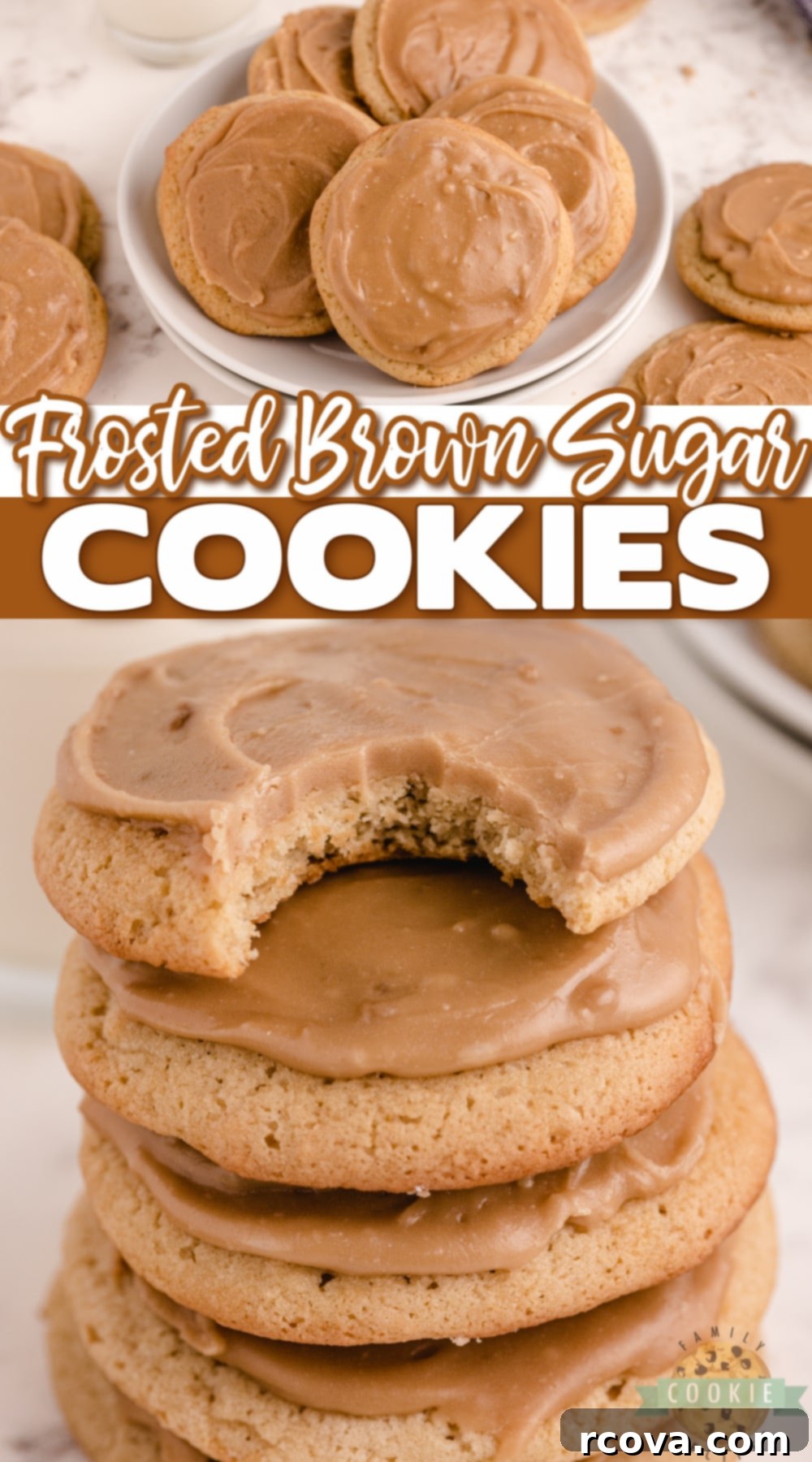 Decadent Frosted Brown Sugar Treats 10 A beautifully arranged plate of frosted brown sugar cookies, highlighting their appealing texture and rich color. These soft and chewy cookies with homemade frosting are an easy-to-make dessert.