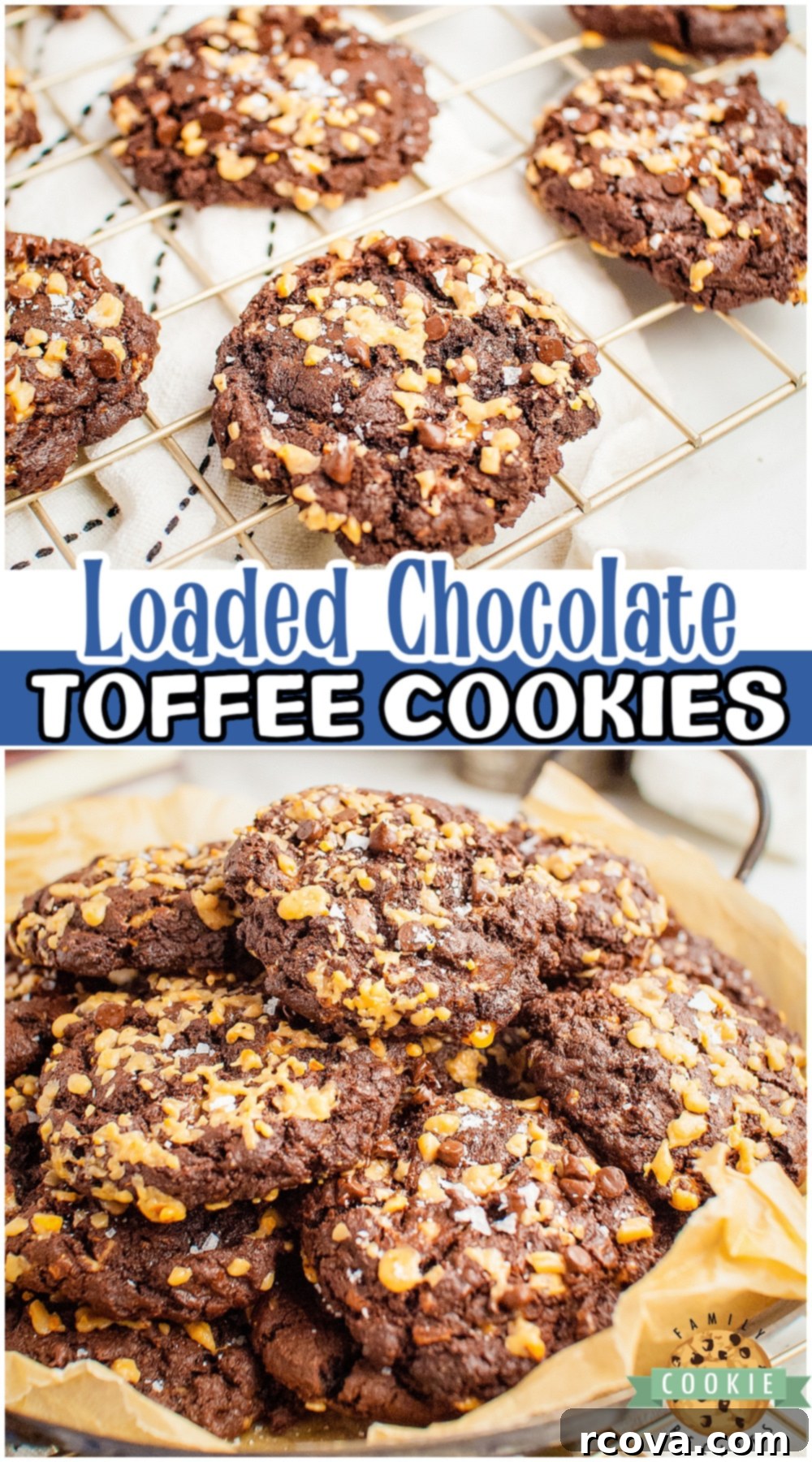 Gourmet Chocolate Toffee Jewels 12 Loaded Chocolate Toffee Cookies made with double the chocolate and toffee! Great chocolate flavor & buttery toffee crunch in this simple toffee cookie recipe!