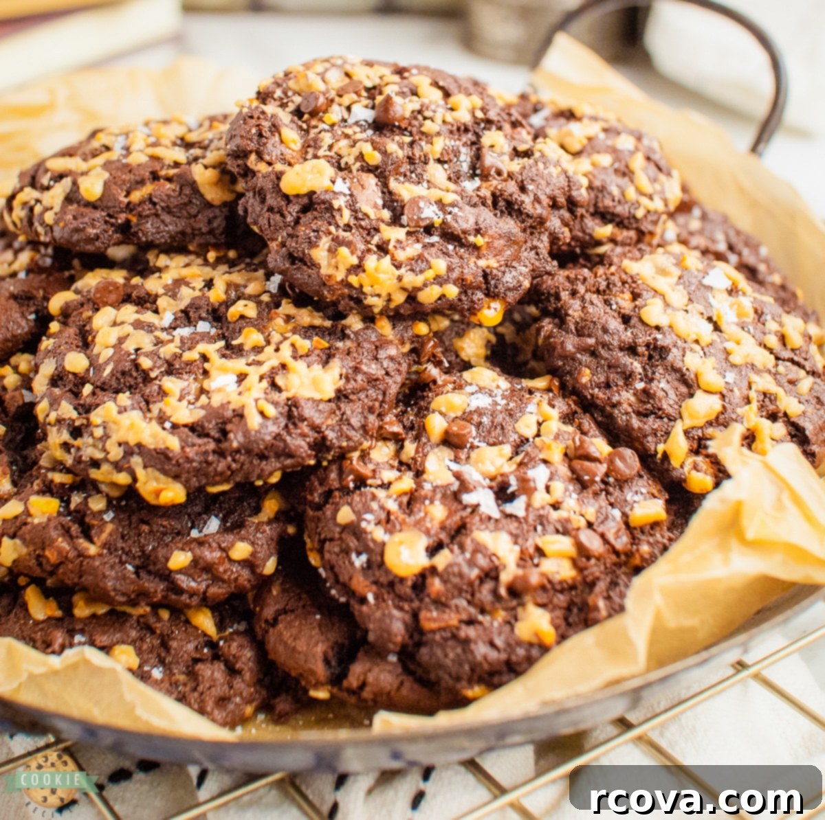 Gourmet Chocolate Toffee Jewels 3 Stack of freshly baked loaded chocolate toffee cookies with a gooey center