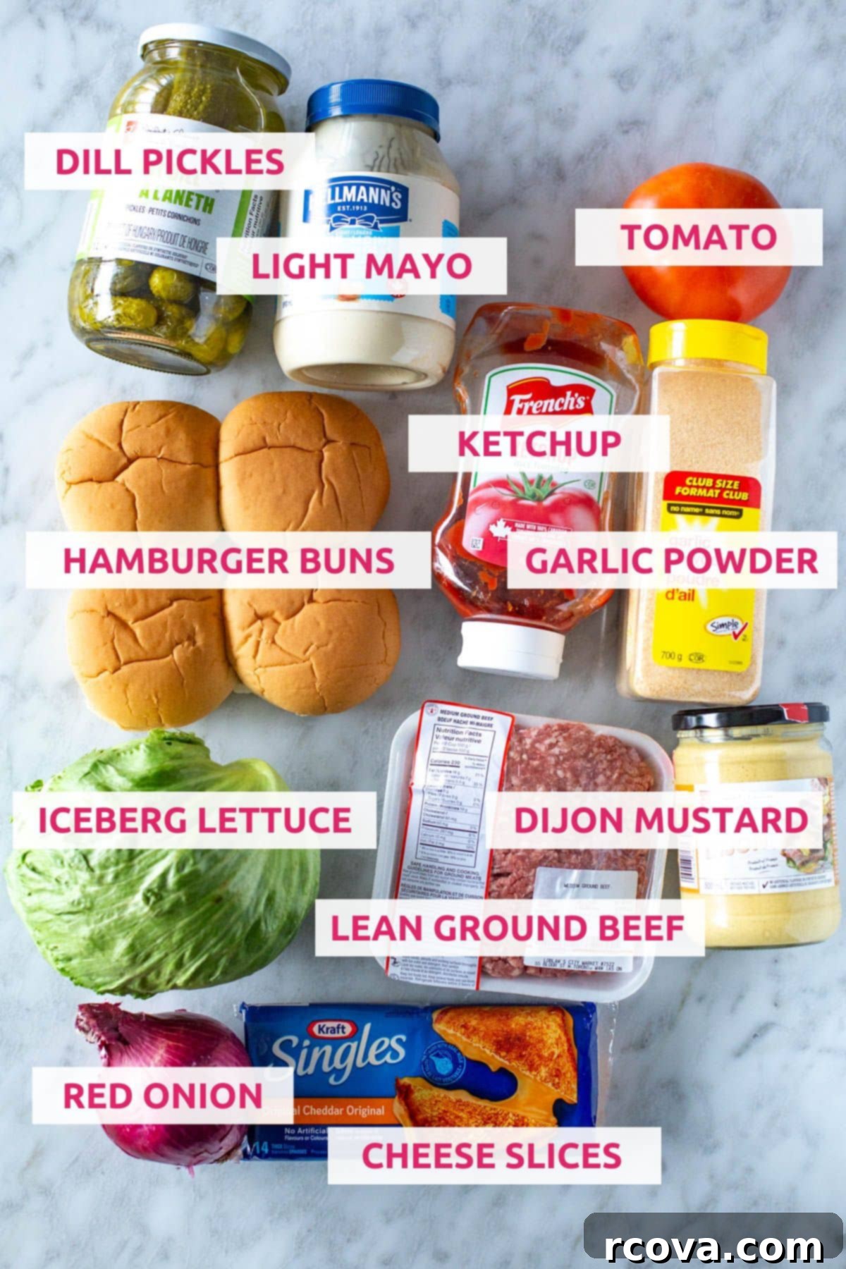 The Perfect Homemade Smash Burger 4 Fresh ingredients laid out for smash burgers: dill pickles, light mayo, sliced tomato, hamburger buns, ketchup, garlic powder, crisp iceberg lettuce, ground beef, Dijon mustard, cheese slices, and thinly sliced red onion.