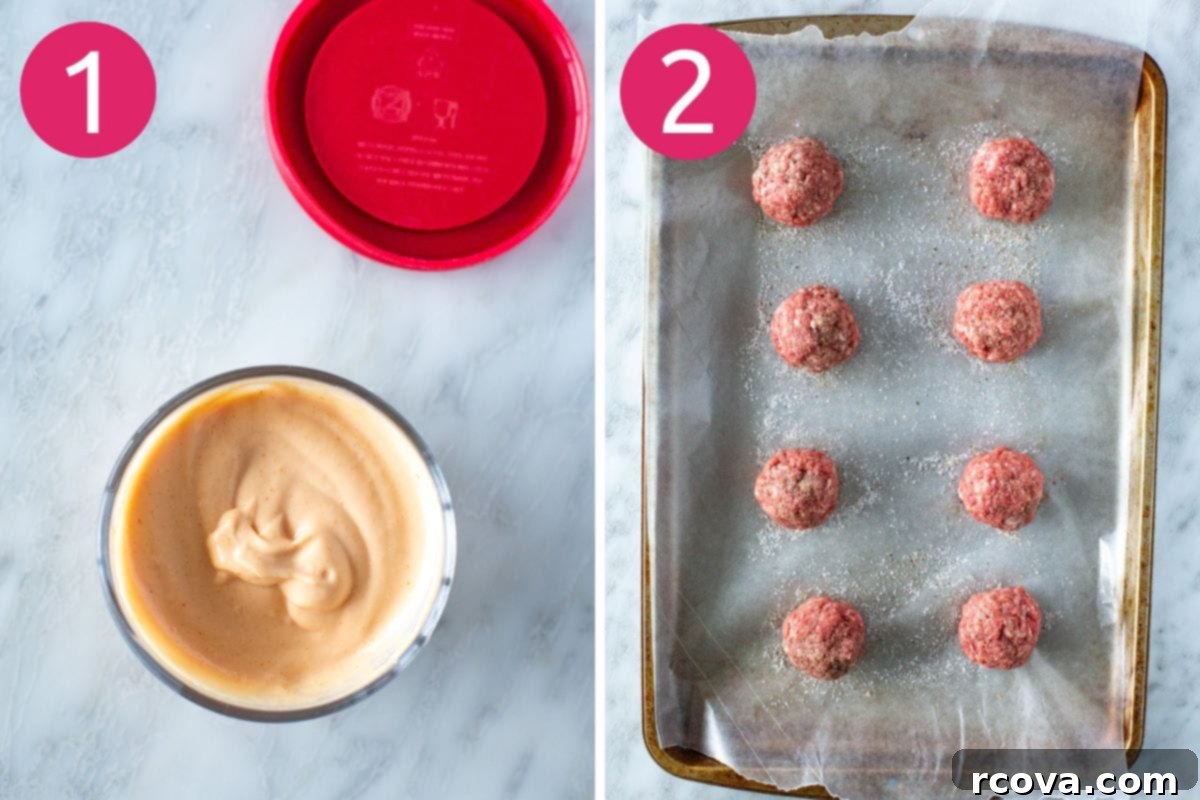 The Perfect Homemade Smash Burger 5 Illustrative steps for making a smash burger, showing formed beef balls and prepared special sauce.