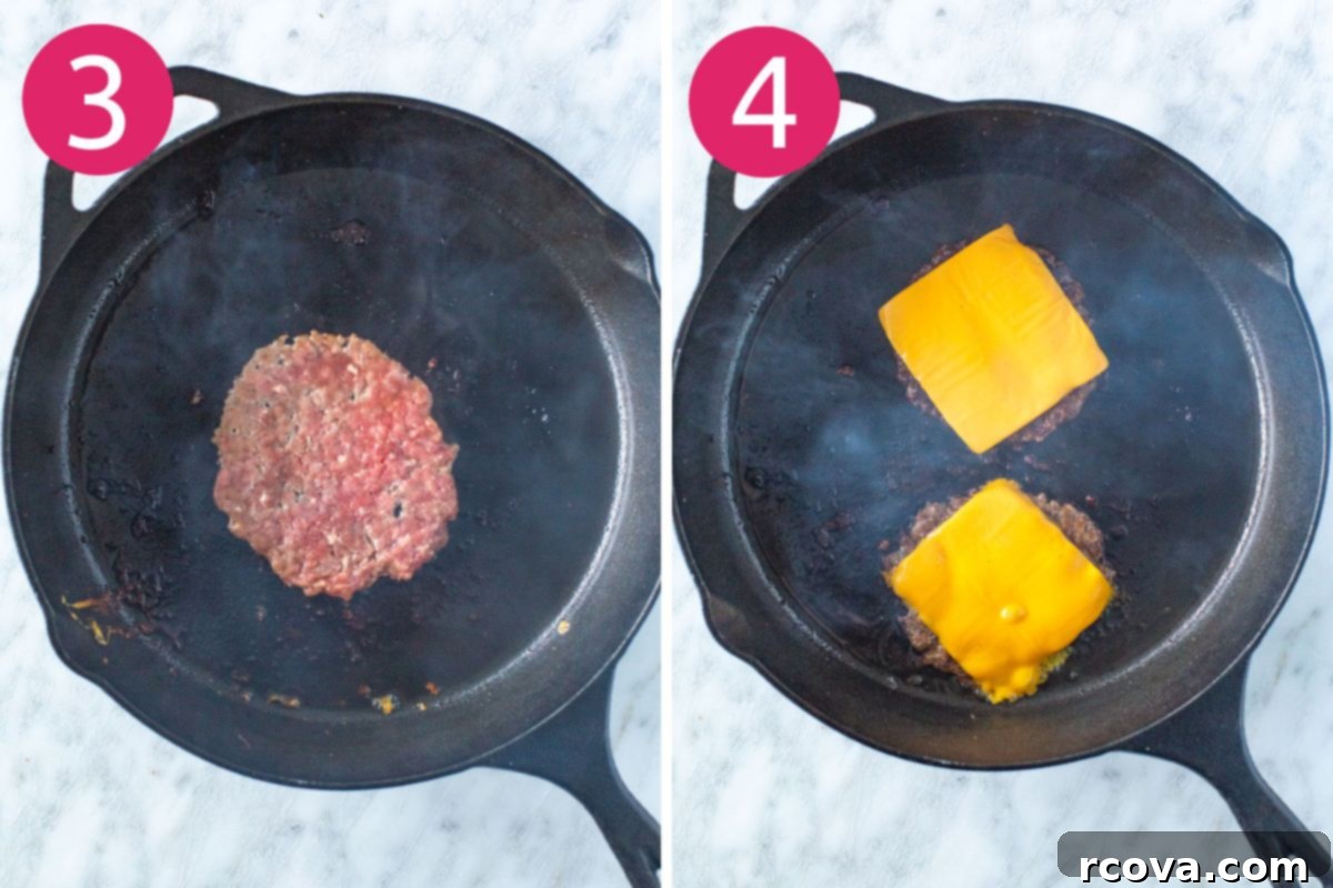 The Perfect Homemade Smash Burger 6 Illustrative steps for making a smash burger, showing patties being smashed on a griddle and cooking.