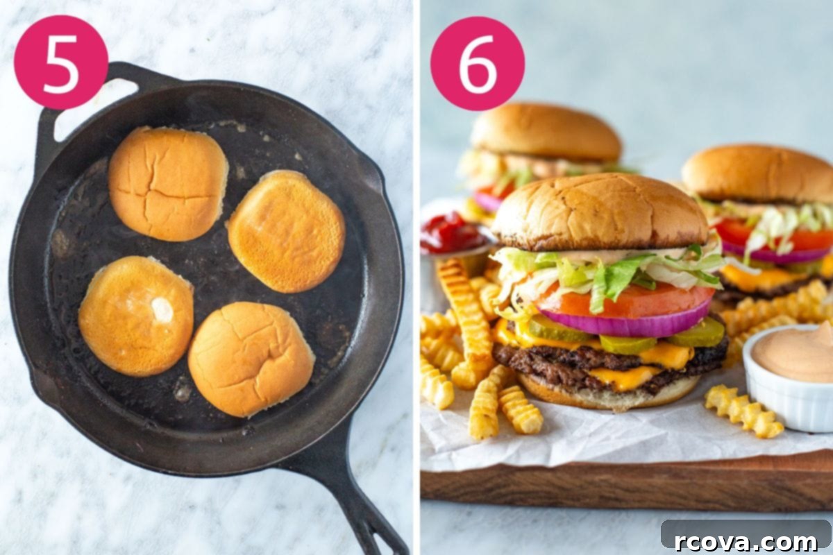The Perfect Homemade Smash Burger 7 Illustrative steps for making a smash burger, showing toasted buns and a fully assembled burger.