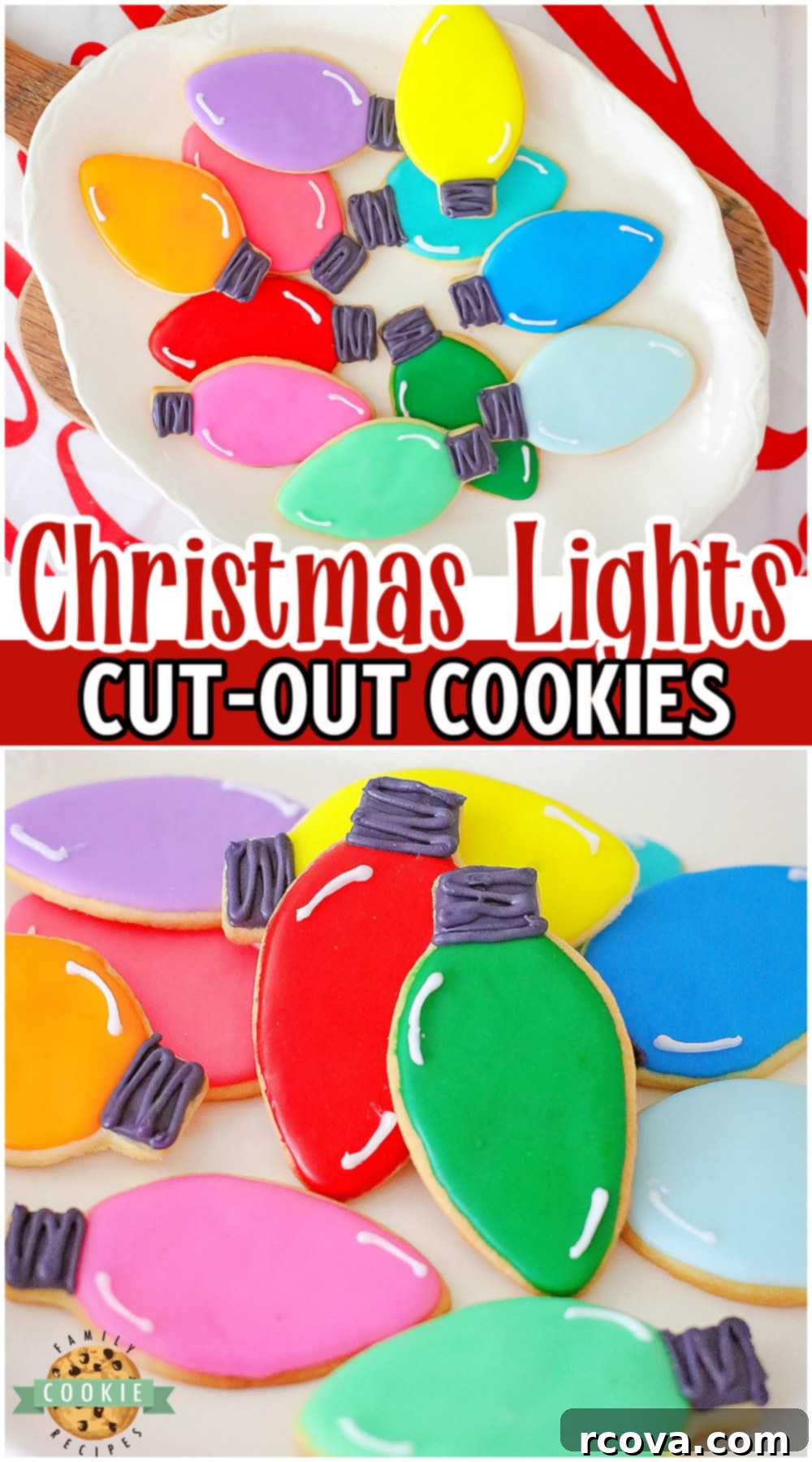 Twinkling Christmas Light Cookies 11 A festive array of bright and colorful Christmas light cut-out cookies, perfectly iced and arranged for a holiday display. Ideal for Christmas trays and cookie exchanges.