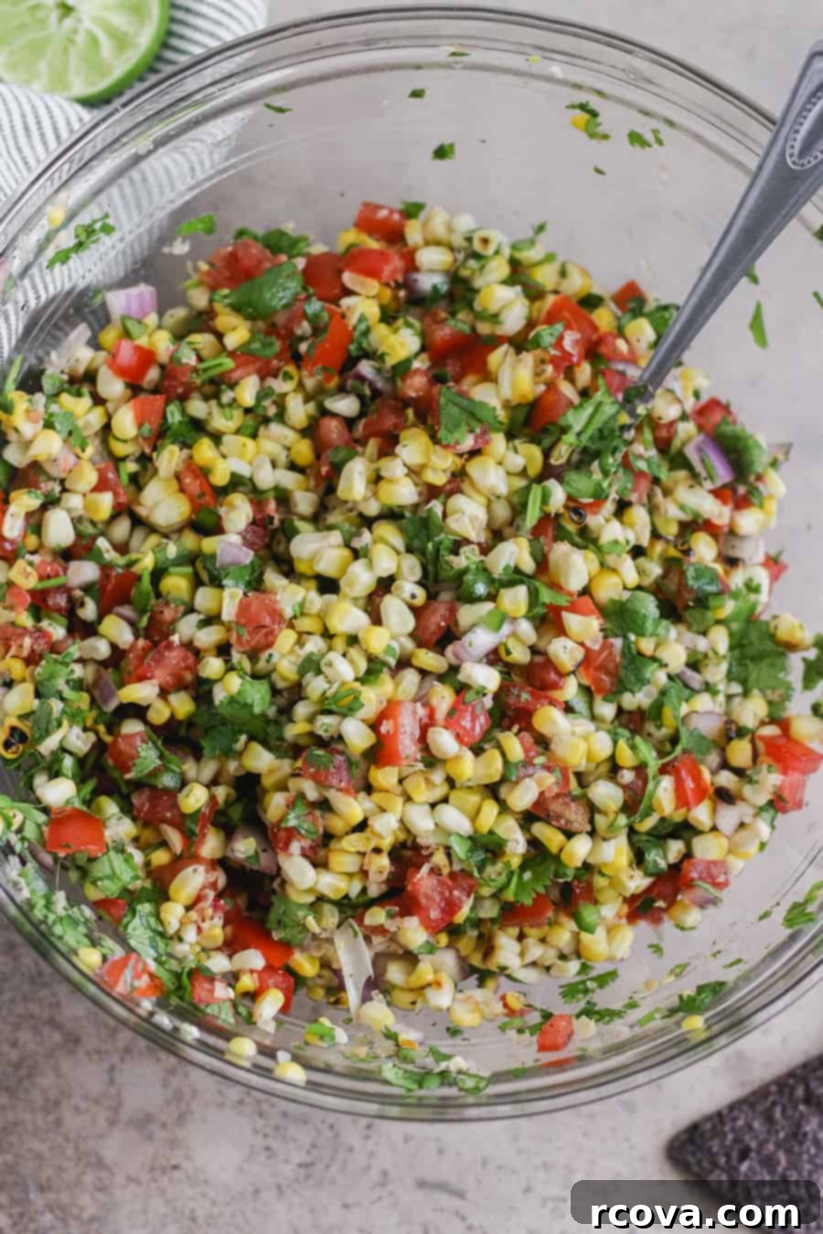 Smoky Corn Salsa 3 Close-up of perfectly roasted corn kernels in salsa