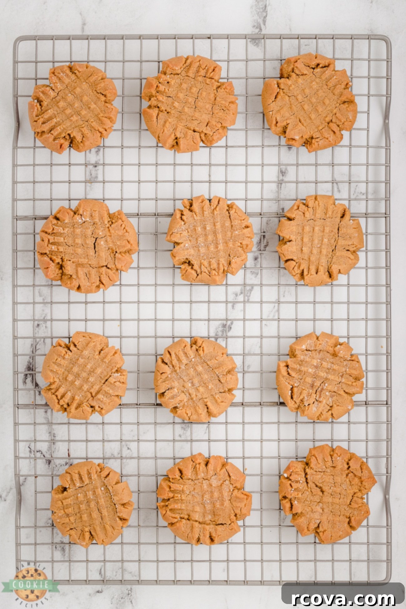 Effortless Peanut Butter Cookies 6 peanut butter cookies on a cooling rack