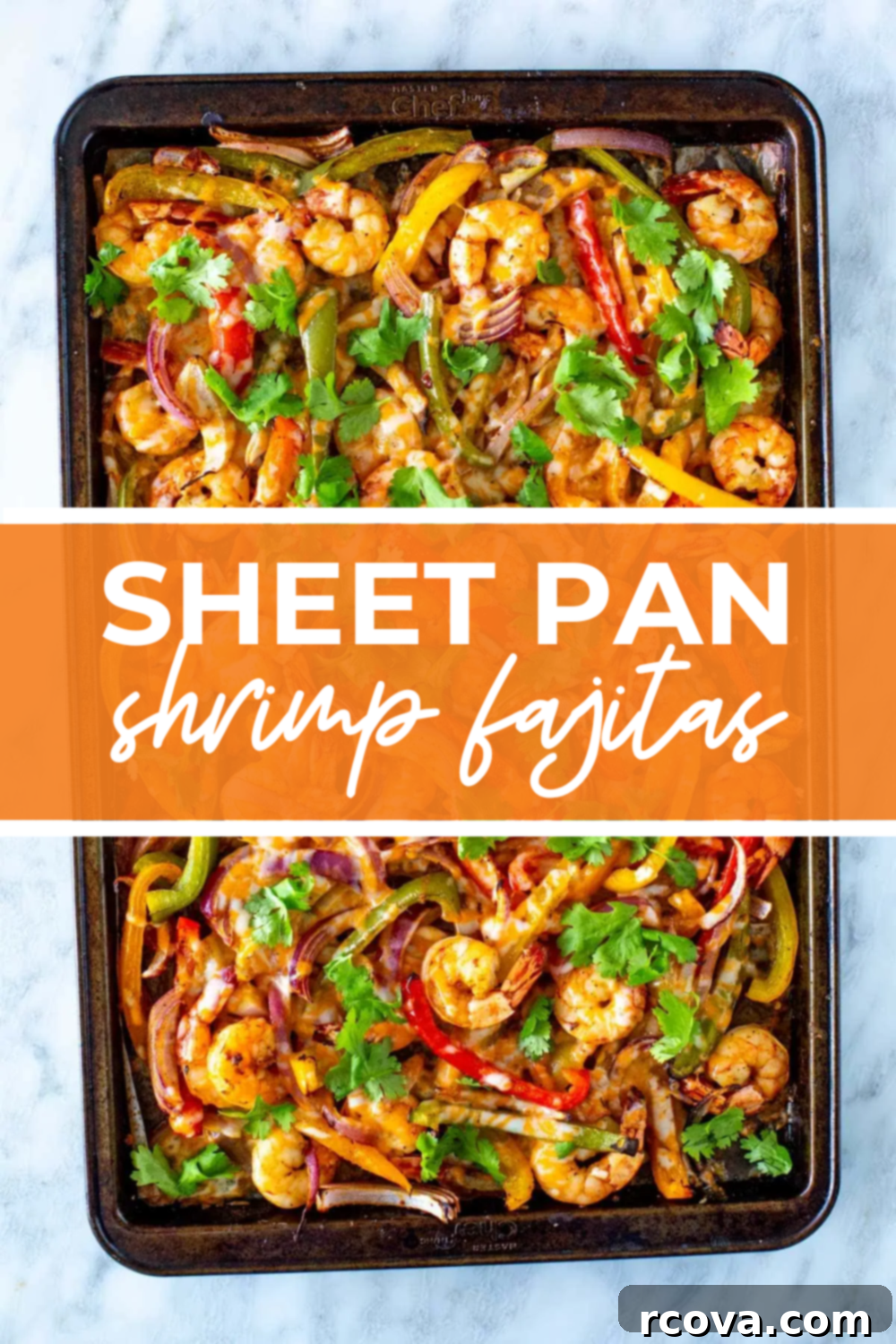 Effortless Sheet Pan Shrimp Fajitas 11 Shrimp fajitas on a sheet pan with "Sheet Pan Shrimp Fajitas" layered over top.