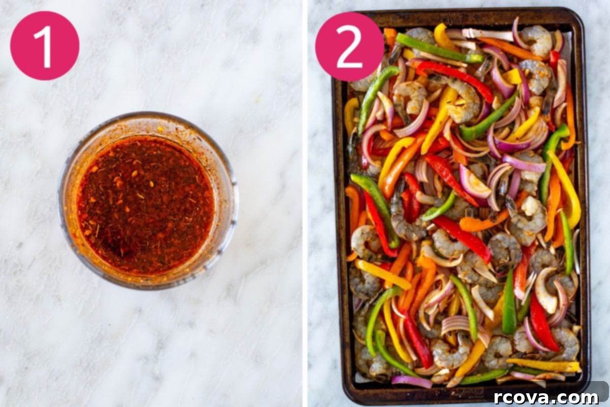 Effortless Sheet Pan Shrimp Fajitas 5 Step 1: Raw shrimp marinating in a bowl with spices and liquids. Step 2: Sliced bell peppers and red onion laid out on a parchment-lined baking sheet.