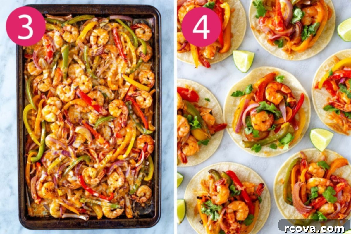 Effortless Sheet Pan Shrimp Fajitas 6 Step 3: A sheet pan full of cooked shrimp, bell peppers, and red onion, with melted cheese sprinkled over top. Step 4: Warm corn tortillas ready for serving.