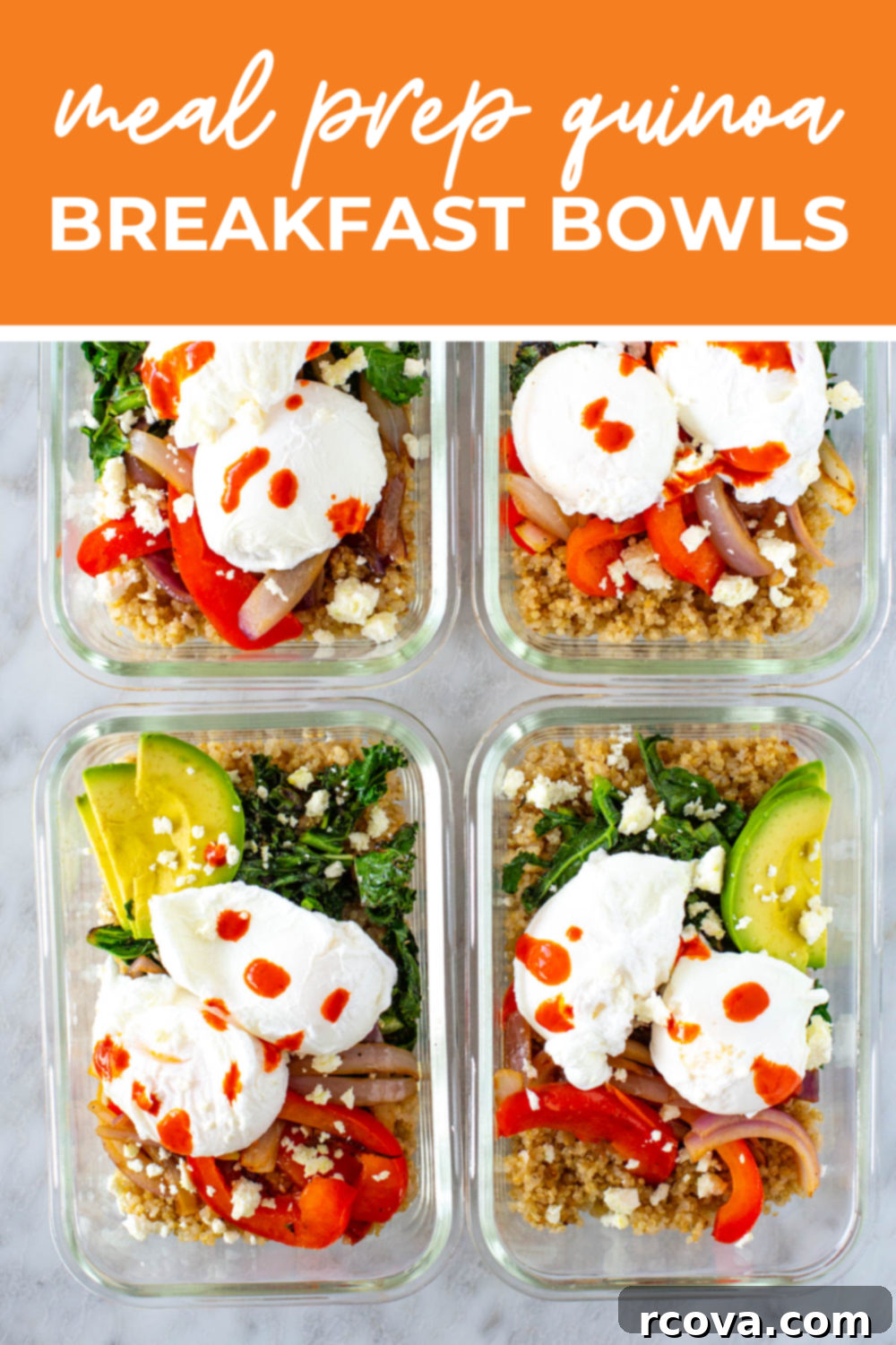 Hearty Savory Quinoa Breakfast Bowl 11 Quinoa breakfast bowls in meal prep containers with the text "Meal Prep Quinoa Breakfast Bowls" on top.