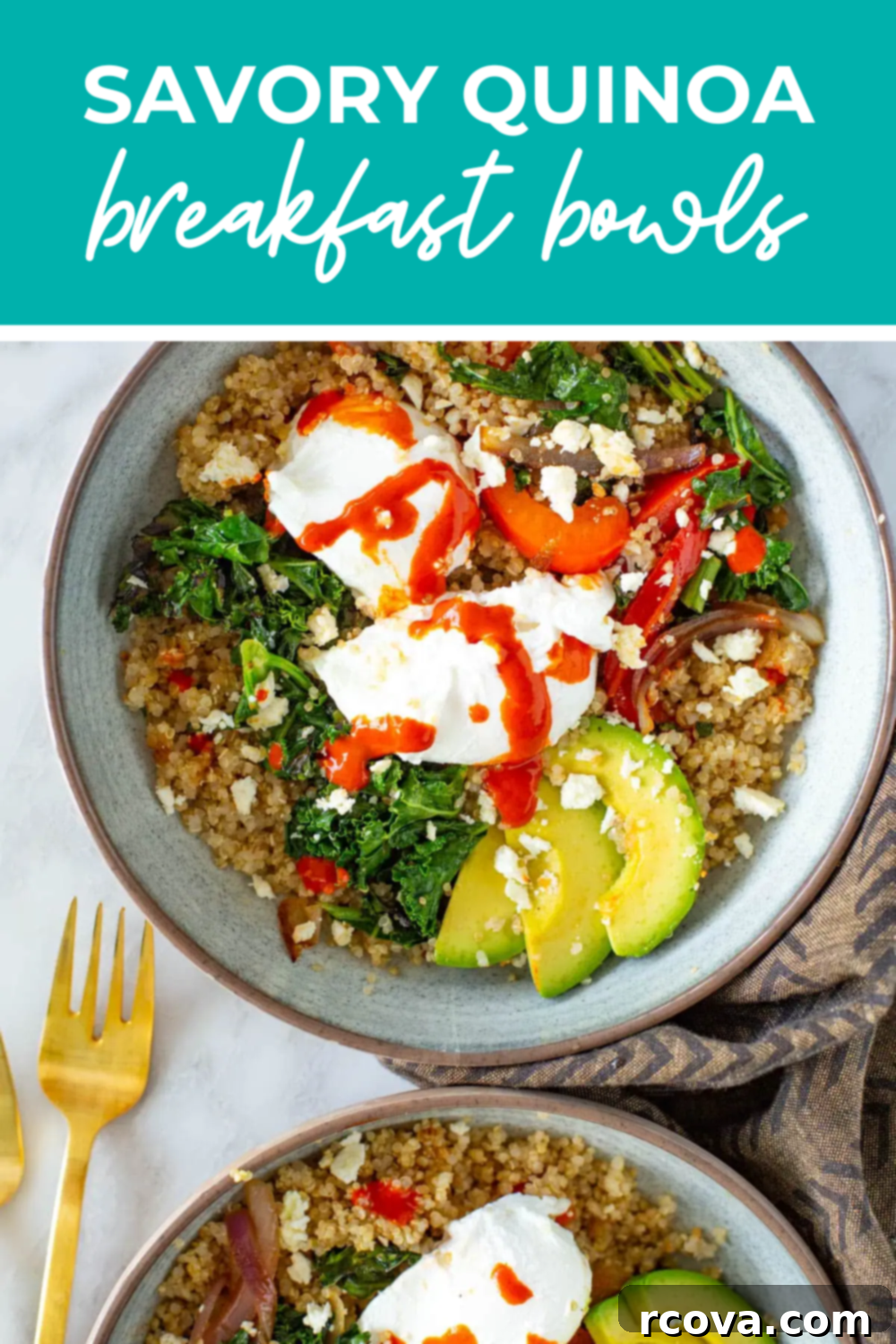 Hearty Savory Quinoa Breakfast Bowl 12 A close-up of a quinoa breakfast bowl with the text "Savory Quinoa Breakfast Bowls" on top.