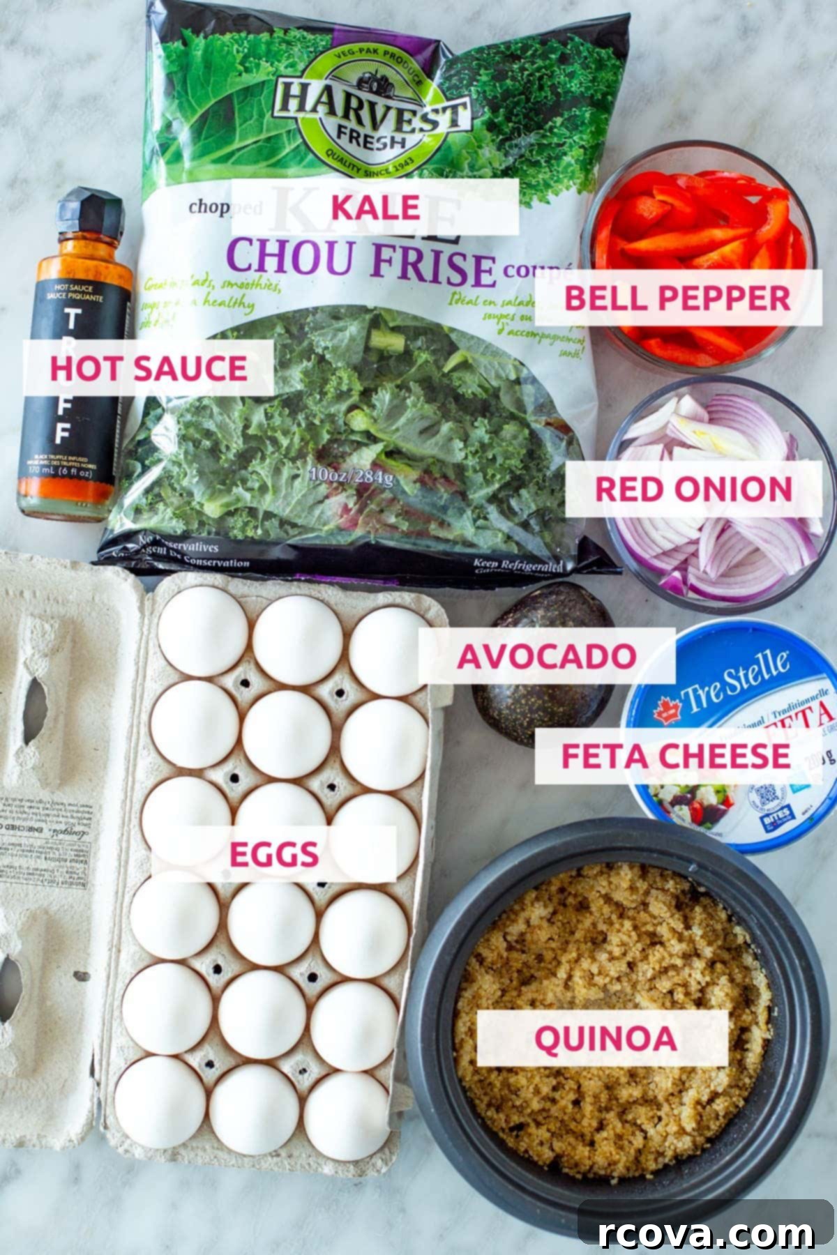 Hearty Savory Quinoa Breakfast Bowl 4 Ingredients for breakfast quinoa bowls: kale, hot sauce, bell pepper, red onion, avocado, feta cheese, eggs, quinoa